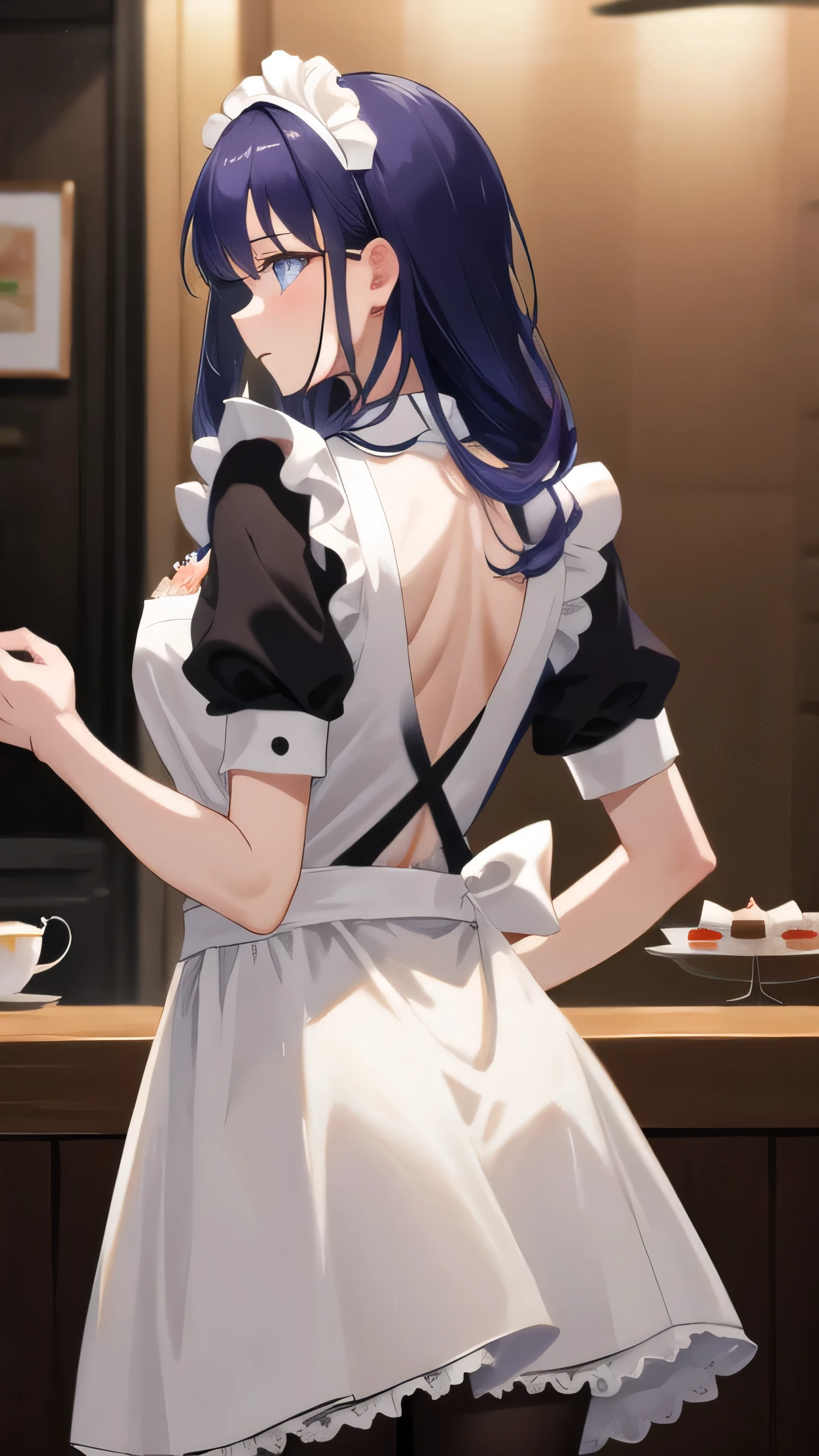 (masterpiece, highest quality, Super detailed, detailed and beautiful eyes:1.2), nice hands, perfect hands, 1 girl, raiden mei, maid, maid headdress, maid apron, pantyhose, cowboy shot, restaurant, Tea cup、cake, indoors, back view