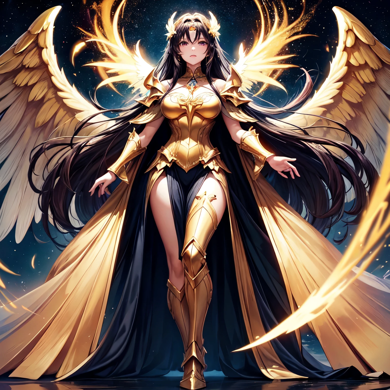 best quality, extremely beautiful, beautiful face, angel woman, two huge golden wing, revealing armor with open front skirt, very long dark hair