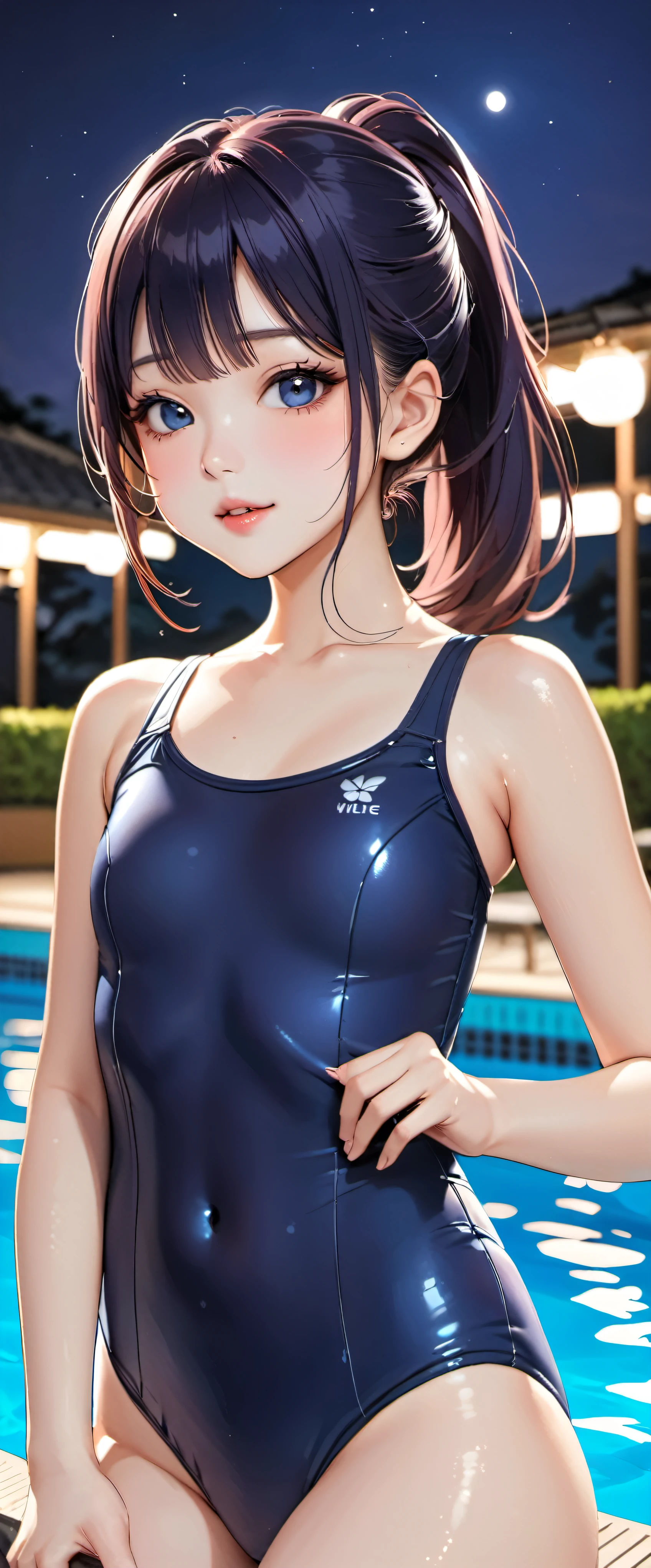 (masterpiece,highest quality,超A high resolution),japanese woman, (((very beautiful girl))), pretty girl、look at the photographer、 ((beautiful low ponytail)), super cute face, glossy lips, double eyelids in both eyes,natural smile、 natural makeup, long eyelashes, Shiny and smooth hair、center image, perfect limbs, perfect anatomy,(((navy blue school swimsuit))、pool,night,See-through