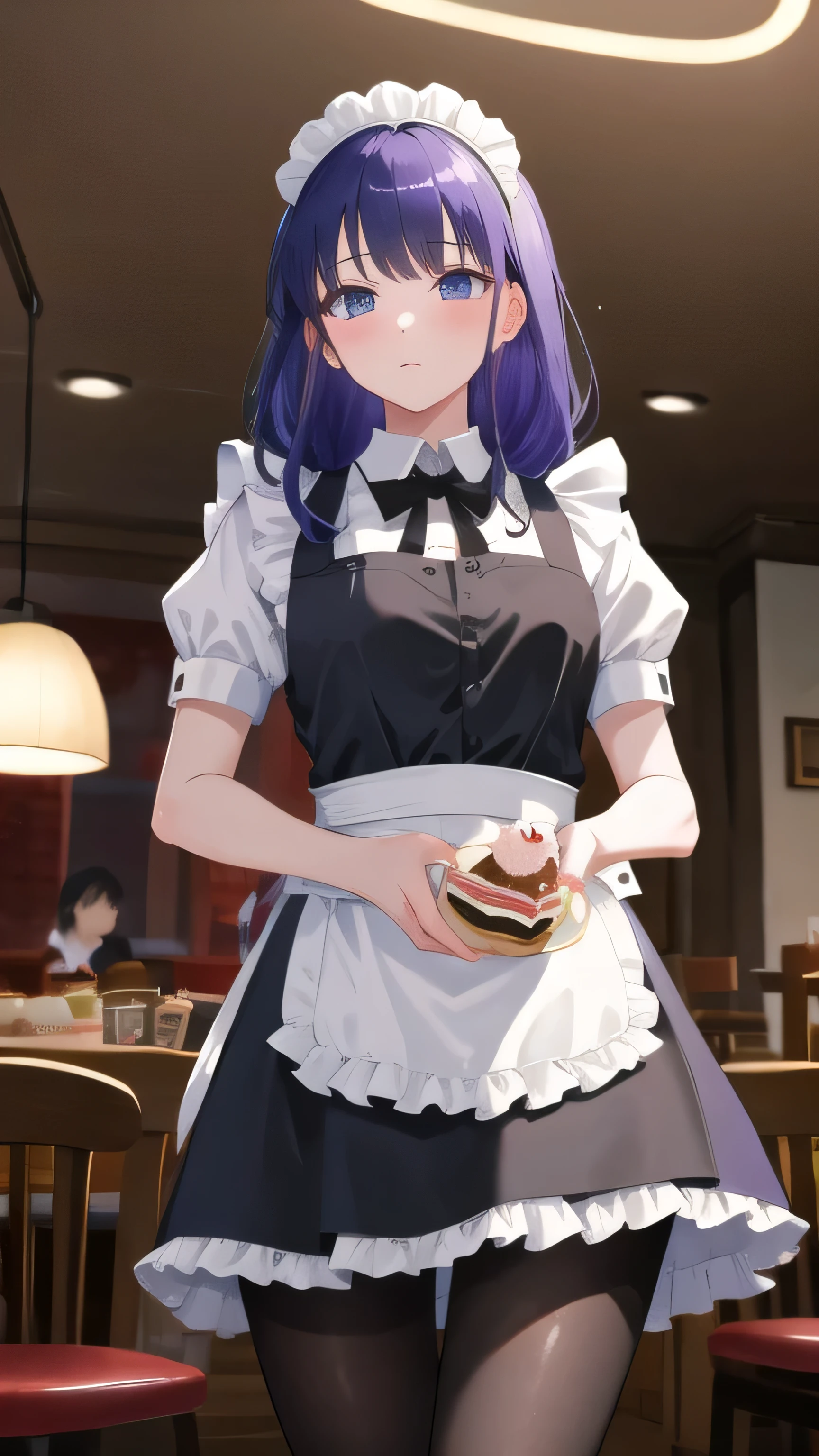 (masterpiece, highest quality, Super detailed, detailed and beautiful eyes:1.2), nice hands, perfect hands, 1 girl, raiden mei, maid, maid headdress, maid apron, pantyhose, cowboy shot, restaurant, Tea cup、cake, indoors,