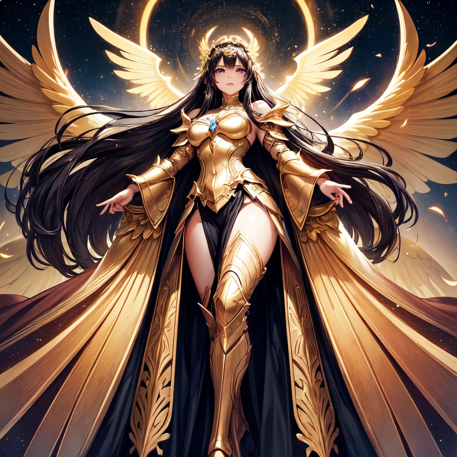 best quality, extremely beautiful, beautiful face, angel woman, two huge golden wing, revealing armor with open front skirt, very long dark hair