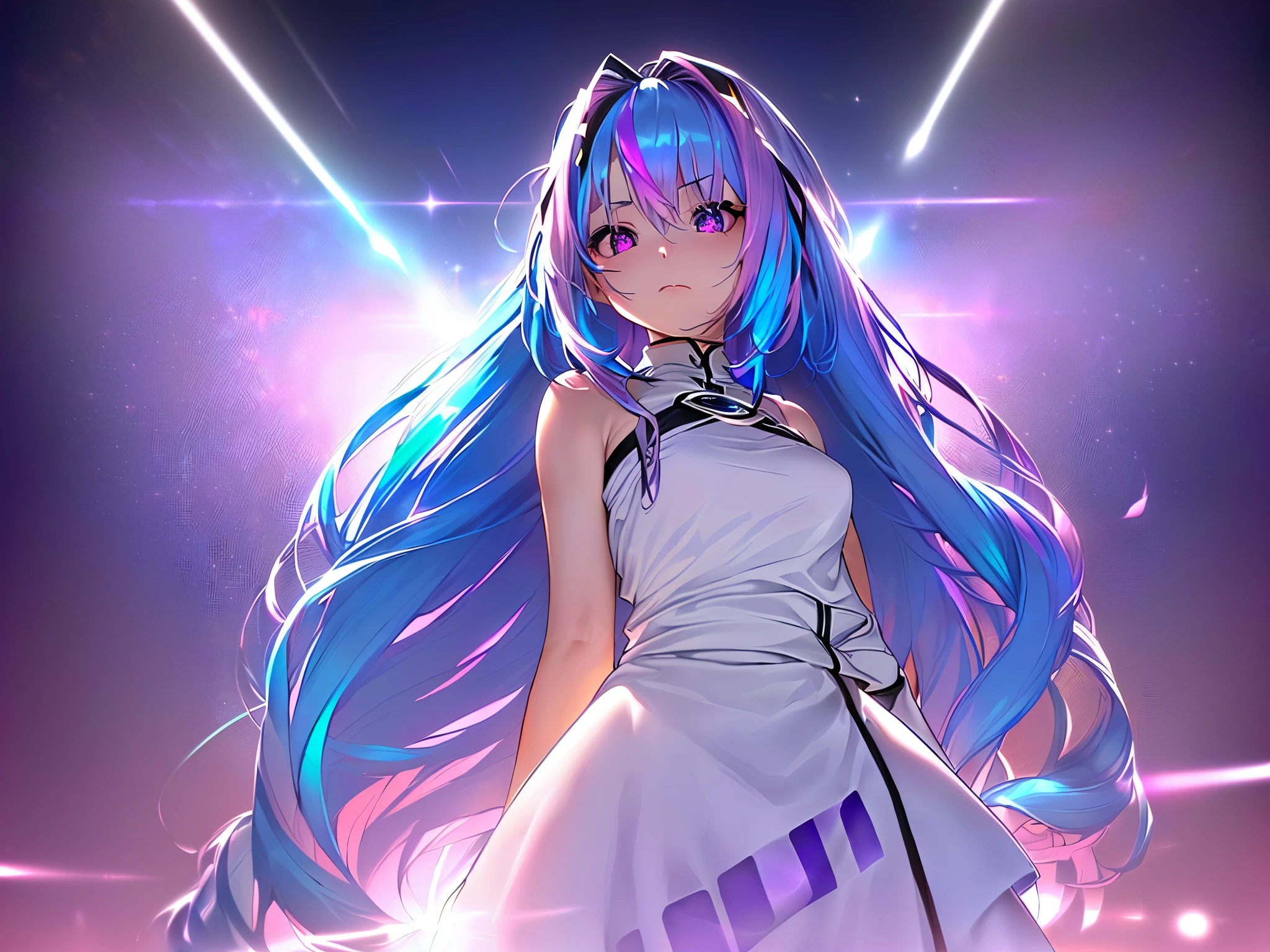 1 girl, 20 year old girl, one person, (Silver blue hair streaked pink purple:1.4), (Gradient sky blue hair ends:1.6), hair strand, absurdly long hair, single sidelock, wavy hair, shiny hair, floating hair, (Illusion deep purple eyes), delicate eyes, aqua eyes, High like real eyes, ((glowing eyes)), makeup, Focus on face, Very detailed facial, hot body, Random environment, Random pose, on the street, looking at the starry night sky, meteor, Technical clothing masterpiece, White extra long skirt, several cross stars beside, Colored lights swirl around the body, (((Extra super huge colorful extra super complex multiple glowing magic circle upright on the back of the head))), cyberpunk, full body shot, realism, chiaroscuro, (glowing light), sparkle, ray tracing, cinematic lighting, Futurism, motion blur, Ultra-Wide Angle, god rays, atmospheric perspective, best quality, UHD, super detail, masterpiece, highres, ccurate, retina