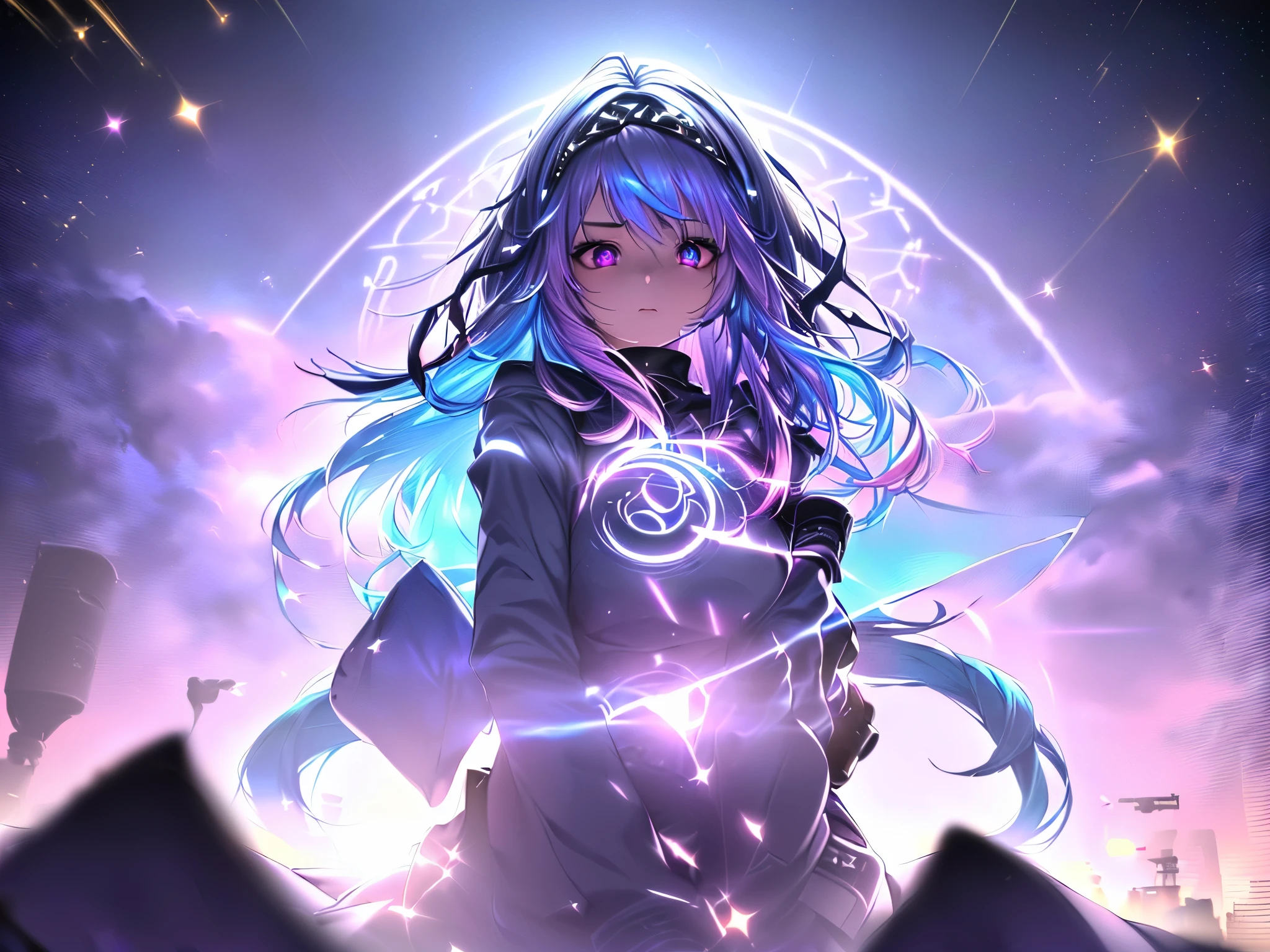 1 girl, 20 year old girl, one person, (Silver blue hair streaked pink purple:1.4), (Gradient sky blue hair ends:1.6), hair strand, absurdly long hair, single sidelock, wavy hair, shiny hair, floating hair, (Illusion deep purple eyes), delicate eyes, aqua eyes, High like real eyes, ((glowing eyes)), makeup, Focus on face, Very detailed facial, hot body, Random environment, Random pose, on the street, looking at the starry night sky, meteor, Technical clothing masterpiece, White extra long skirt, several cross stars beside, Colored lights swirl around the body, (((Extra super huge colorful extra super complex multiple glowing magic circle upright on the back of the head))), cyberpunk, full body shot, realism, chiaroscuro, (glowing light), sparkle, ray tracing, cinematic lighting, Futurism, motion blur, Ultra-Wide Angle, god rays, atmospheric perspective, best quality, UHD, super detail, masterpiece, highres, ccurate, retina