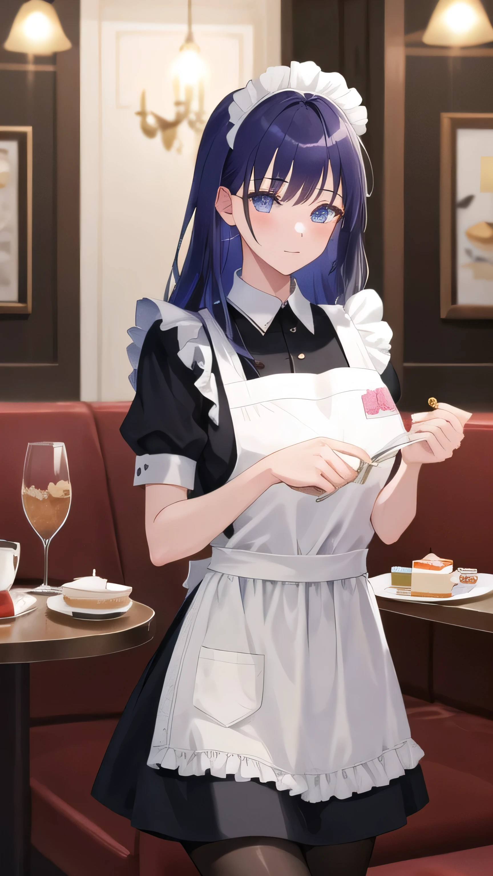 (masterpiece, highest quality, Super detailed, detailed and beautiful eyes:1.2), nice hands, perfect hands, 1 girl, raiden mei, maid, maid headdress, maid apron, pantyhose, cowboy shot, restaurant, Tea cup、cake, indoors,  