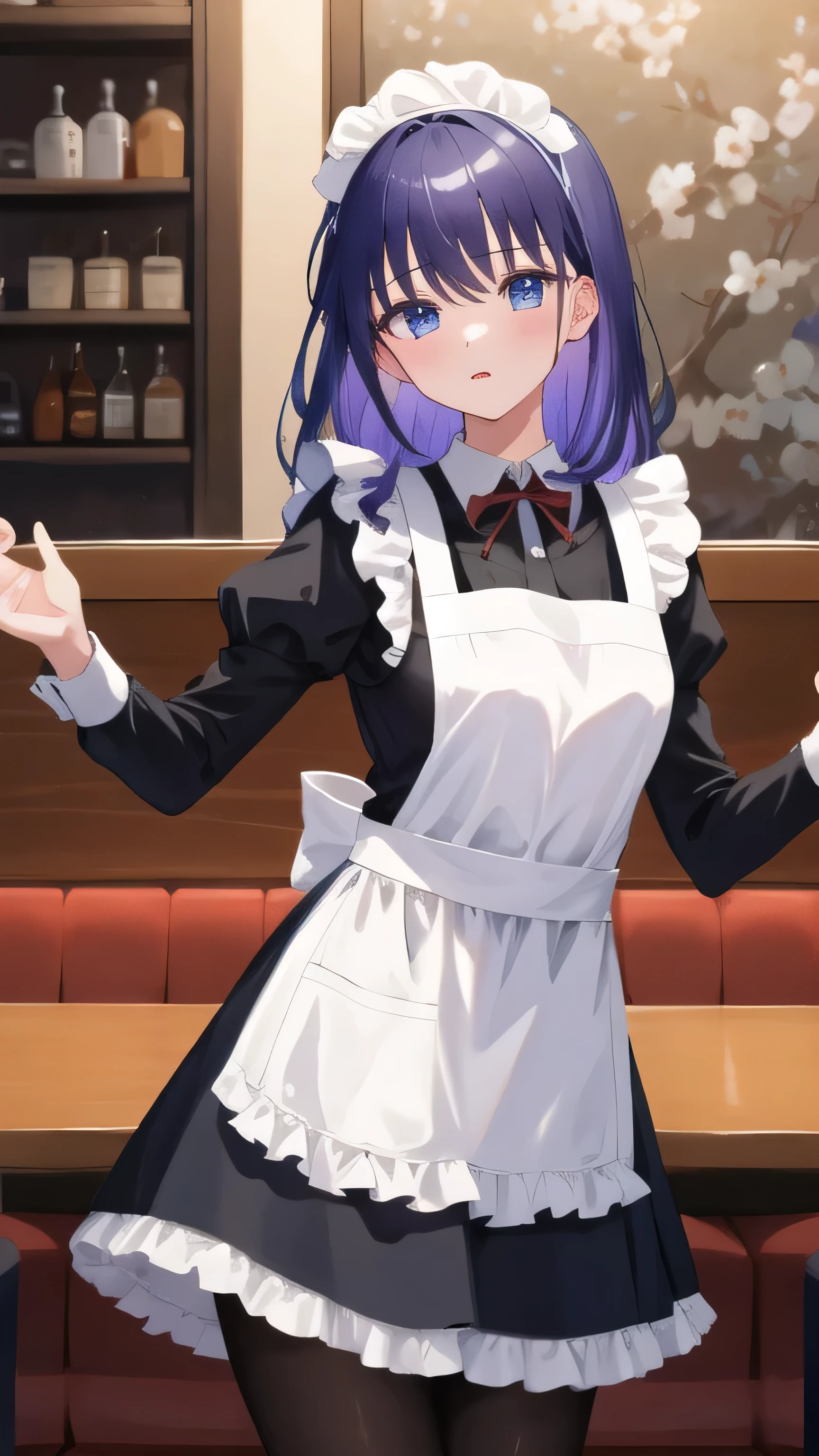 (masterpiece, highest quality, Super detailed, detailed and beautiful eyes:1.2), nice hands, perfect hands, 1 girl, raiden mei, maid, maid headdress, maid apron, pantyhose, cowboy shot, restaurant, indoors, Raise your arms and fold them behind your head、