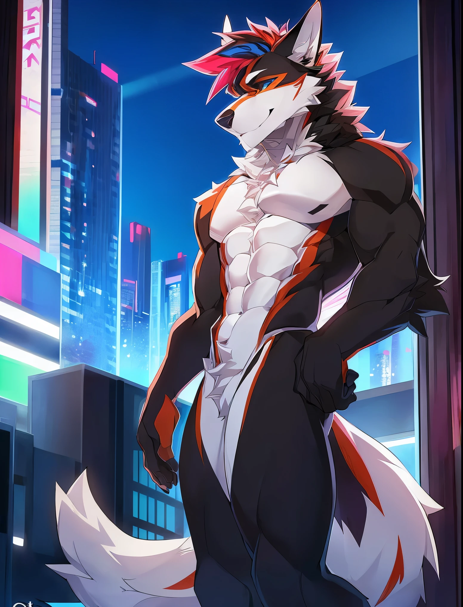 ((Solo)), male people, anthro wolf, (Multi-colored fur, White tail pointed), (Height 3meters,Tail length 2meters), Abs, pinginuscular, A long big tail, by patto, modern city