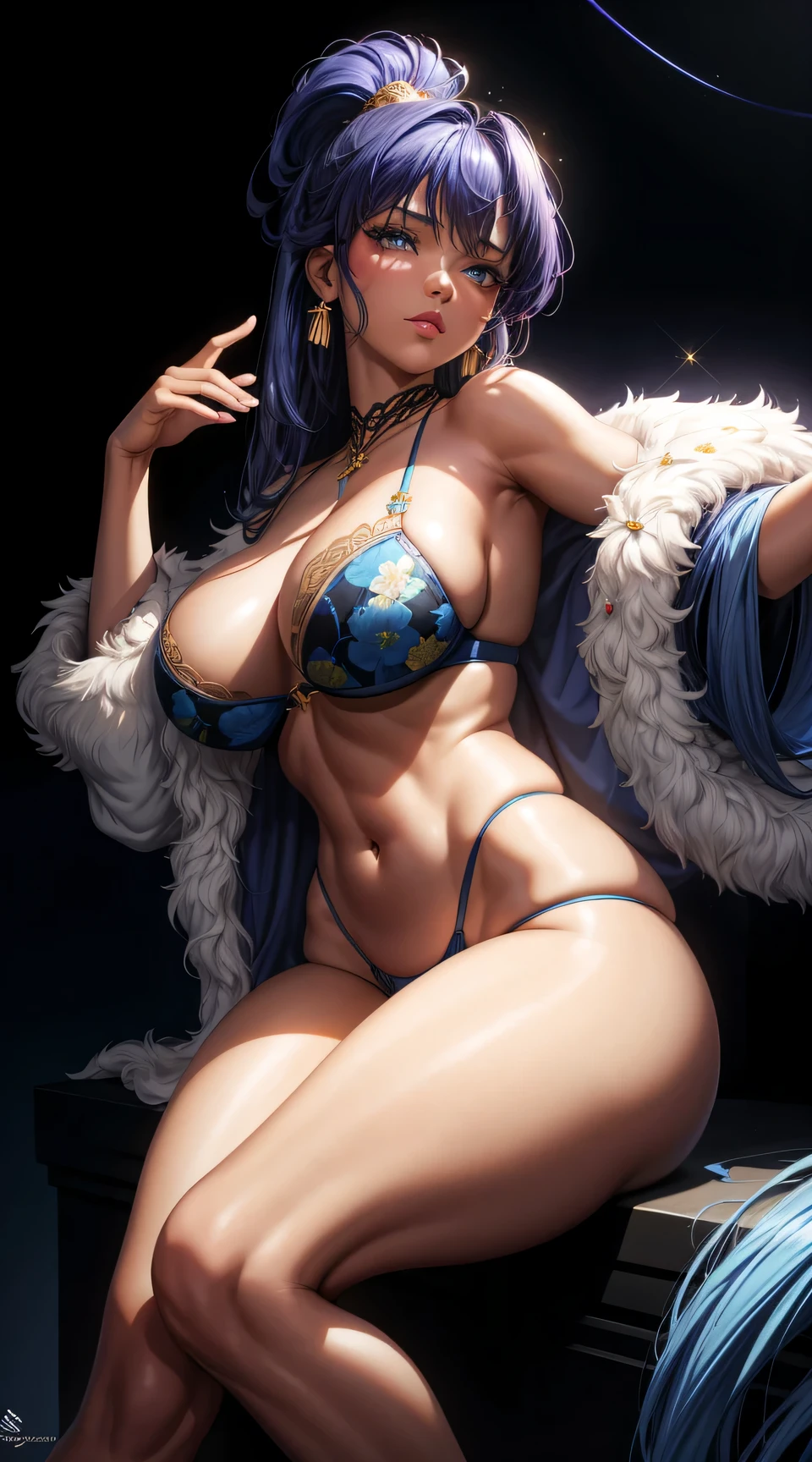 (best quality:1.5, highres, UHD, 4K, detailed lighting, shaders), blue floral haired, gradient hair, big breasts, blue bra, big thighs, big butt, blue string, mature woman , (pov), black background, colorful eyeshadow, dramatic lighting, sparkling eyes, sensual expression, golden earrings, flowing hair, delicate facial features, dark skin, high cheekbones, urban setting, full body, black background, dont look for the camera, lean forward, behind the camera