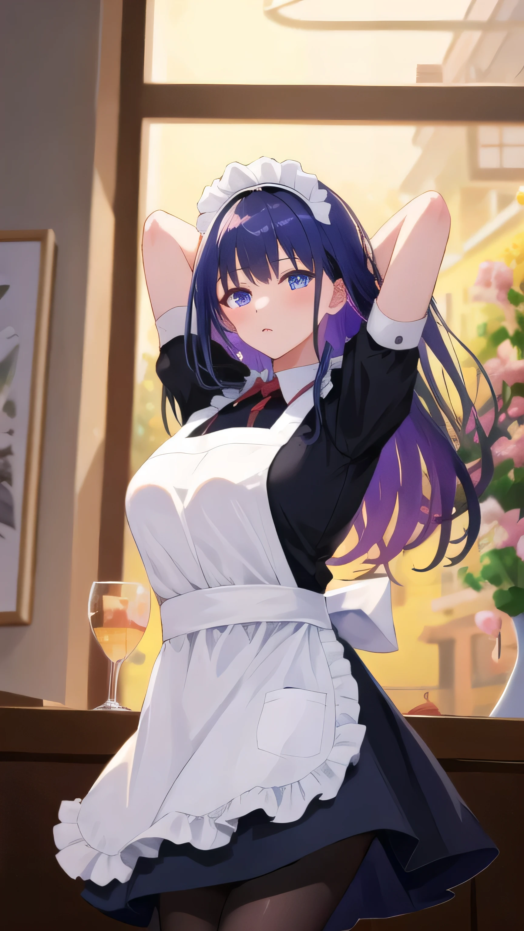 rinko, (naked waist apron:1.2),(very short strapless apron:1.2),large breasts,cleavage,erected nipples,rabbit ears,long hair, ponytail,blue hair, hair between eyes, sidelocks, purple eyes, looking at viewer, bar counter,beer pub,(highres, high quality:1.1), intricate details, cinematic lighting, 1girl,(red blush,embarrassed),from below,(metal collar),show off pussy,carrying beer tray