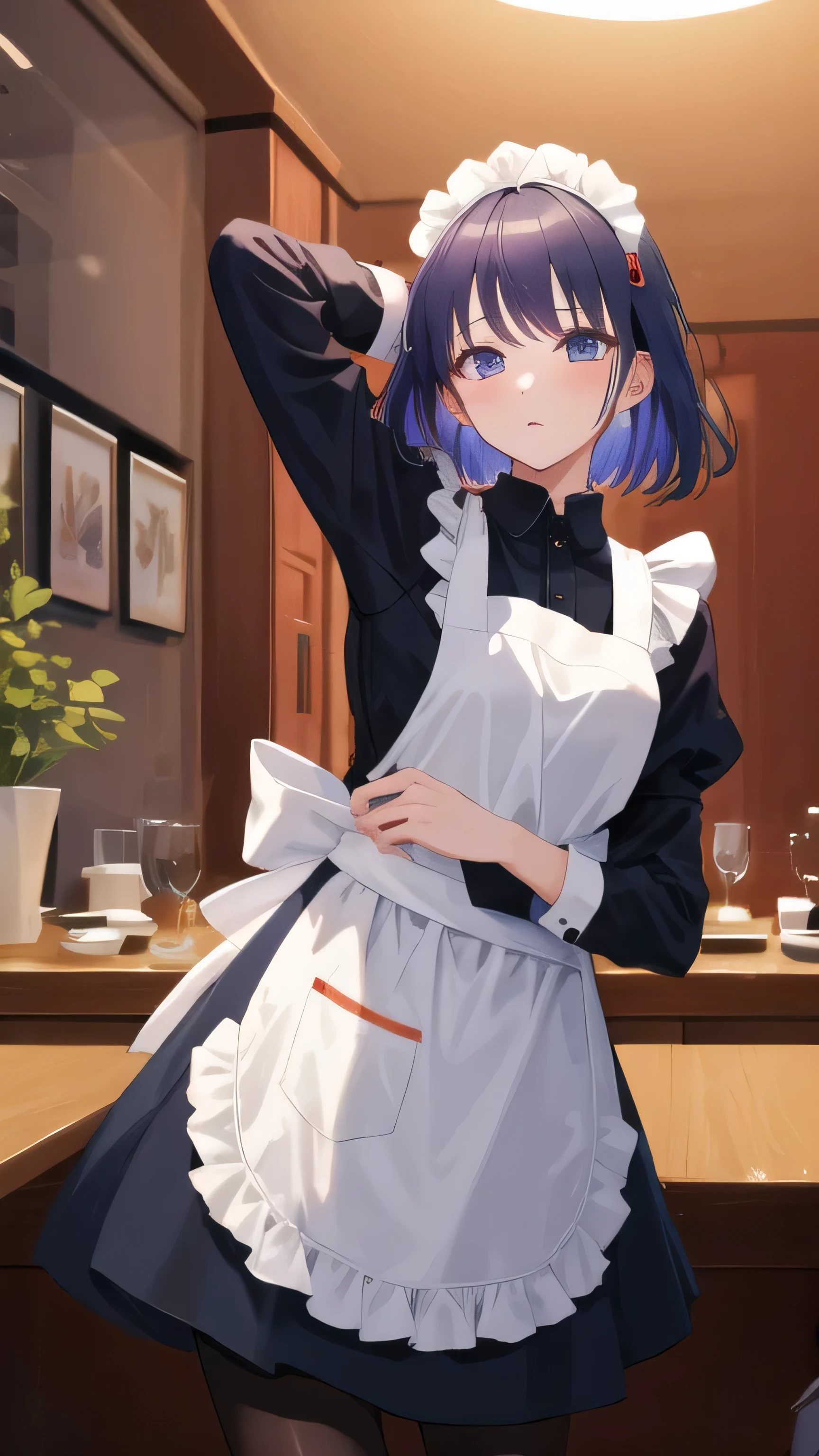 (masterpiece, highest quality, Super detailed, detailed and beautiful eyes:1.2), nice hands, perfect hands, 1 girl, raiden mei, maid, maid headdress, maid apron, pantyhose, cowboy shot, restaurant, indoors, Raise your arms and fold them behind your head、