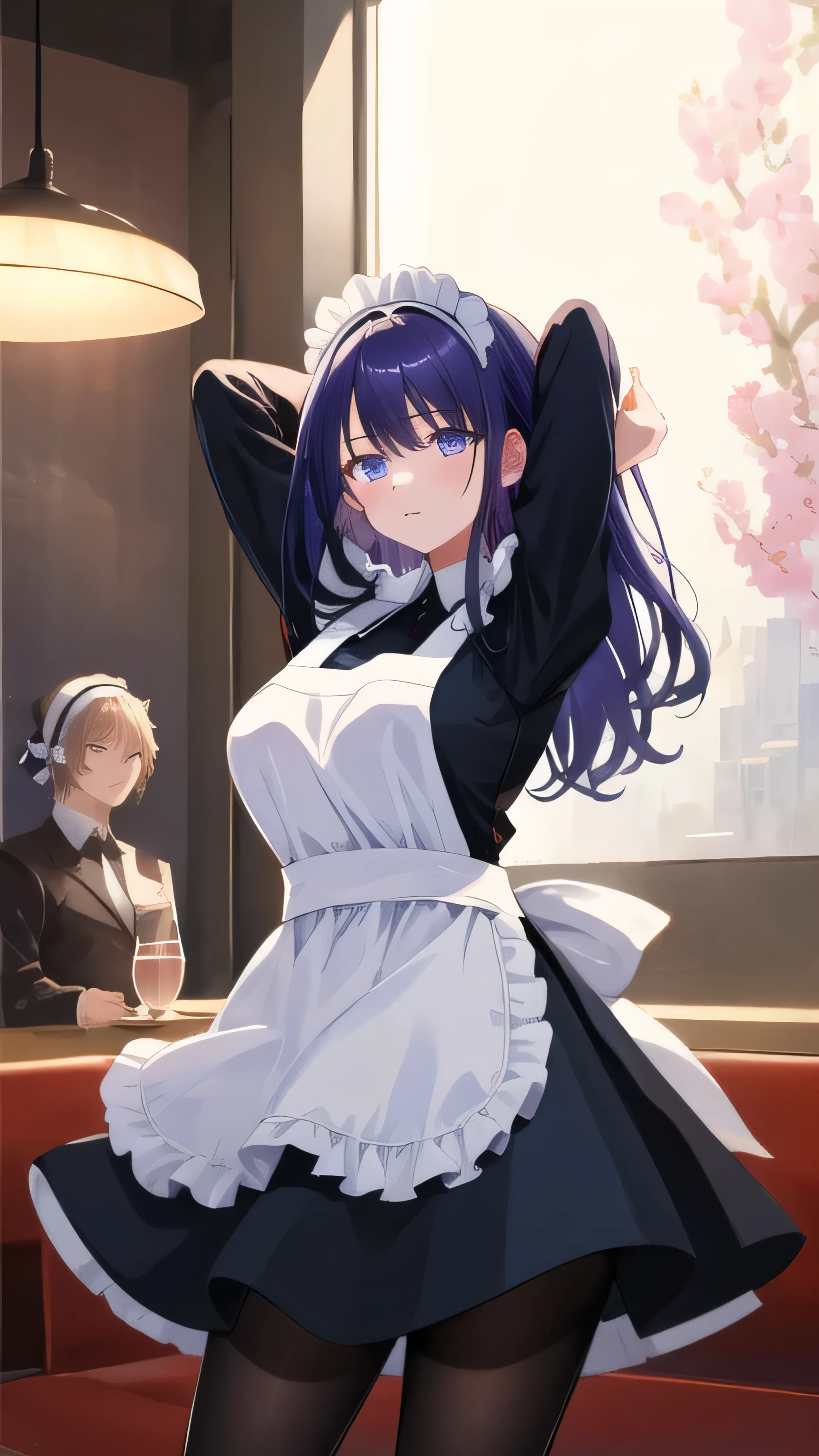 (masterpiece, highest quality, Super detailed, detailed and beautiful eyes:1.2), nice hands, perfect hands, 1 girl, raiden mei, maid, maid headdress, maid apron, pantyhose, cowboy shot, restaurant, indoors, Raise your arms and fold them behind your head、