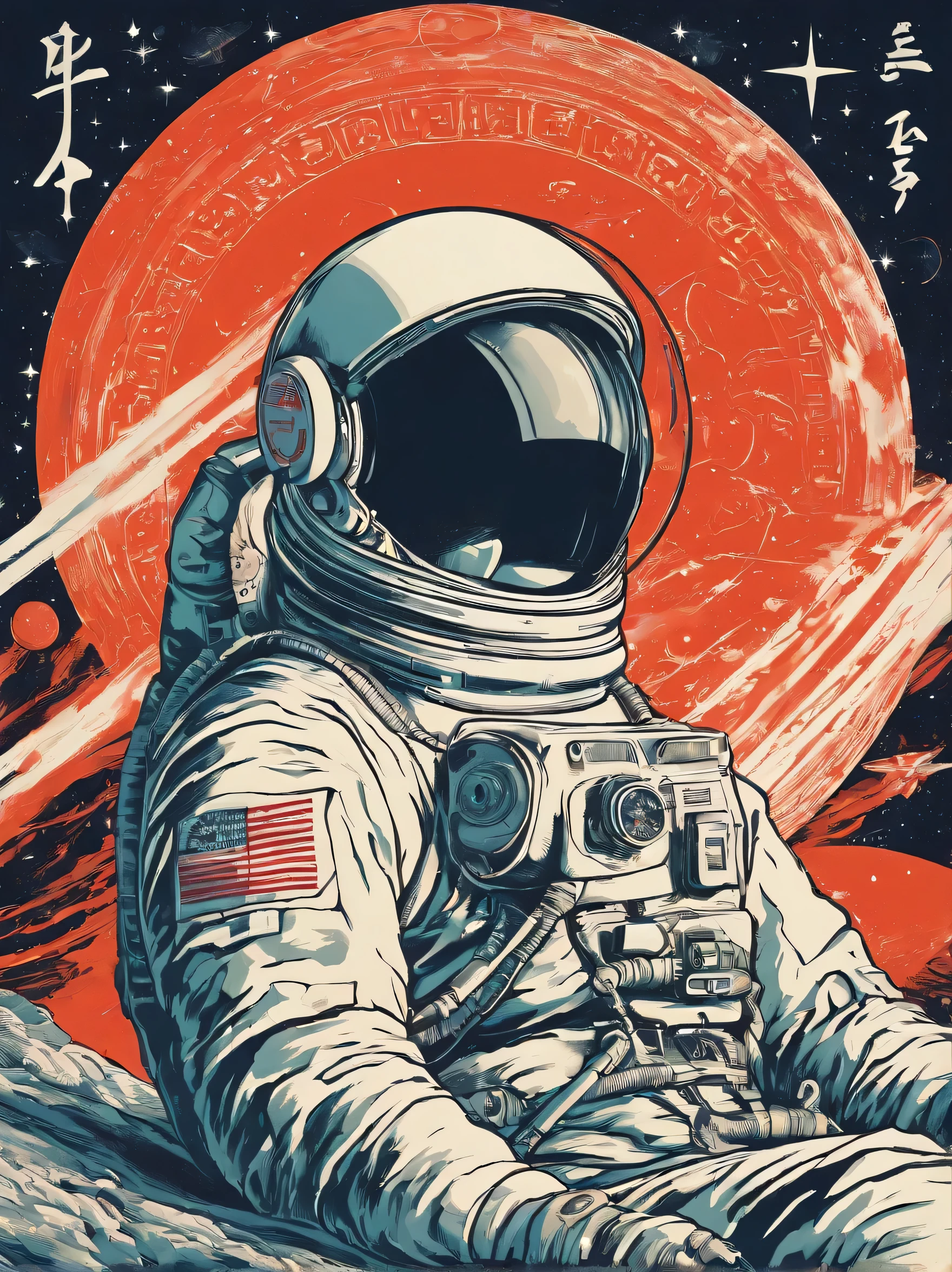shepardic propaganda of a man in a space suit with a star on his head, soviet propaganda poster style, inspired by Aleksandr Gerasimov, cosmonaut, ussr poster, sergey zabelin, in a soviet propaganda style, soviet propaganda style, inspired by Mikhail Evstafiev, in style of kyrill kotashev, inspired by Yasutomo Oka