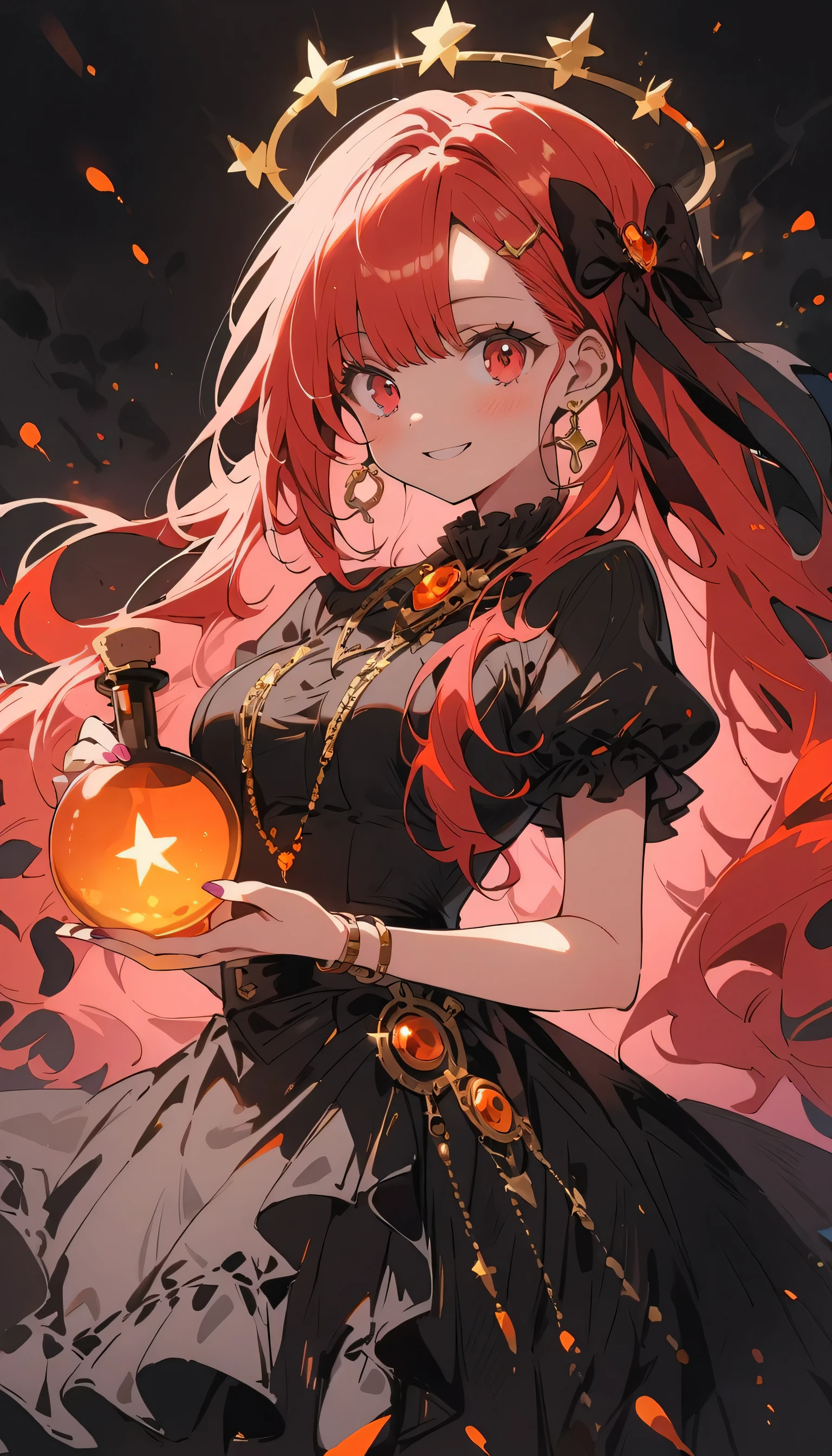 1 girl, long_hair, bright_hair_Pretty_Eye, mystery_Express, Mature_appearance, charming_full outfit, flowing_skirt, elegant_jewelry, complex_decoration, magic_symbol, luminescent_Accessories, Potion, reel, Lovely_accent, bow, ribbon, flowers,