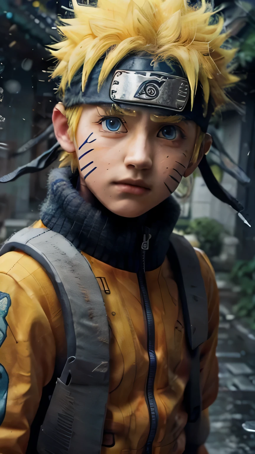 full body,masterpiece, best quality, detailed, 1boy, handsome,male,looking at viewer, naruto,Heavy rain realistic,blue eye,yellow hair,konoha realistic detail headband,eye realistic,nose realistic,mouth realistic,skin realistic,face realistic,head realistic,body realistic, background art cinematic,backpack,big eye sharp, photorealistic, photoshoot