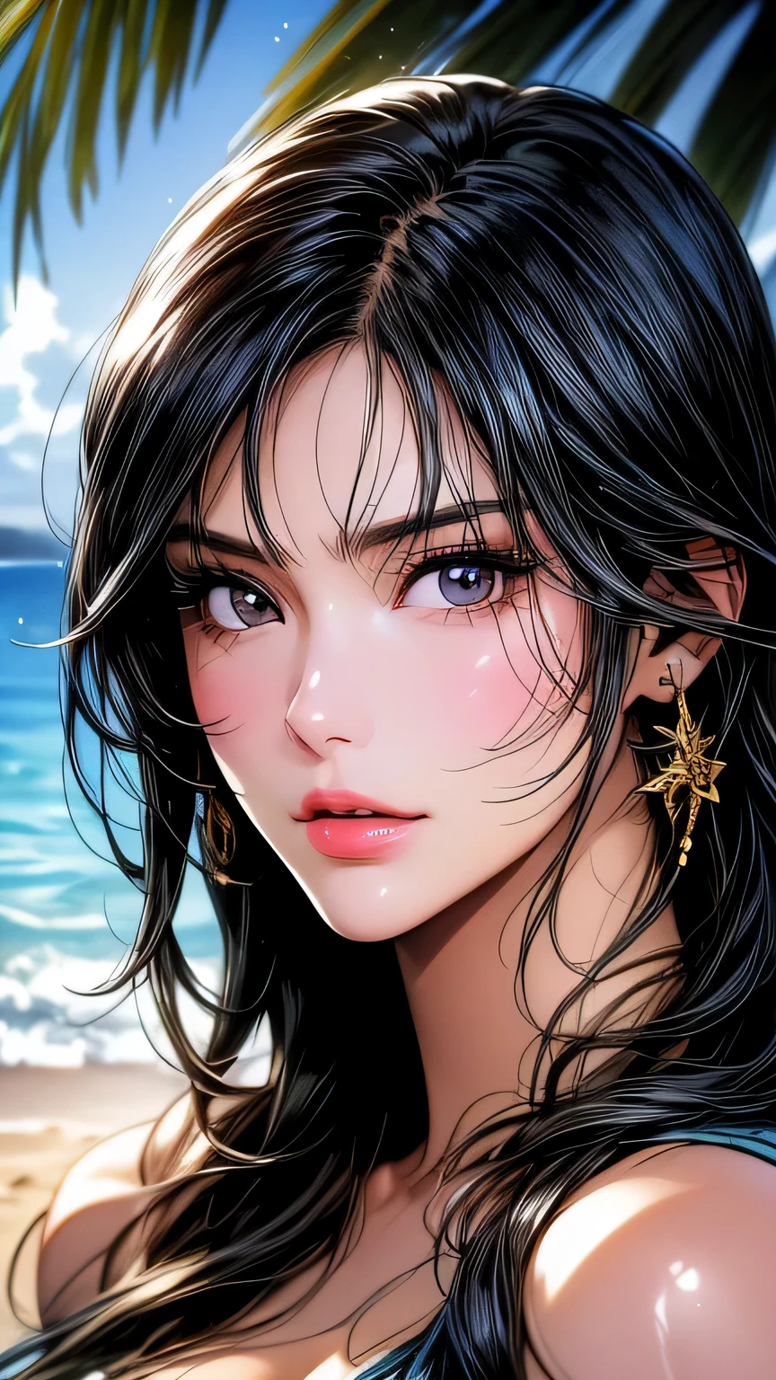 (((close up of face)))､1 girl (master piece:1.2) (detailed:1.2) (highest quality:1.1) (shiny hair) (shiny skin), Nico Robin V2, movie lighting, (wet skin, wet hair, big:1.2), big, (beach, Palm tree), beach, clear water,(blue sky, Cumulonimbus cloud),(Smooth),(hibiscus),laughter, black eye, one piece, Nico Robin, Huge_chest, ~ side、masterpiece、highest quality、Super fine、High resolution、very detailed写真、(natural skin texture、fine skin、hyper realism、Super sharpness)、high detail skin、(very detailed、fine skinの質感、intricate details、one piece水着、((close up of face))､sexy