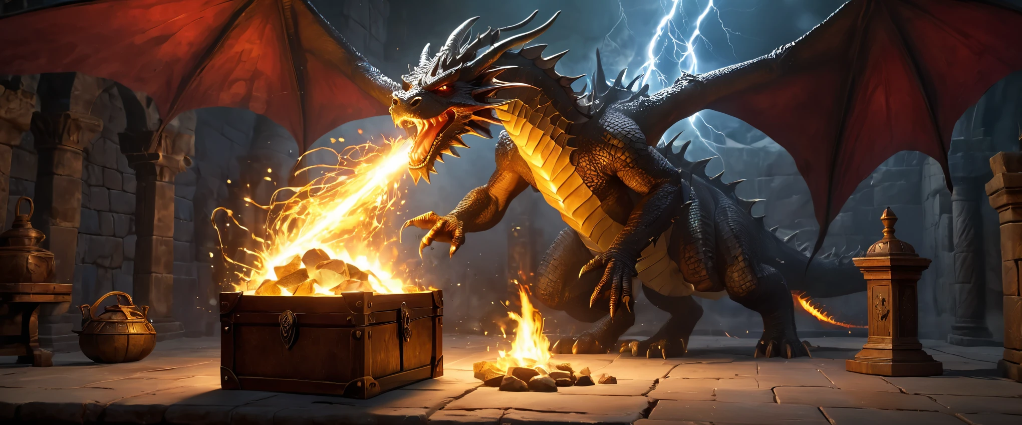 Flat coating,world of dungeons and dragons,Grand scene,Epic graphics,((warrior)),((mage)),(Priest),Fight the dragon guarding the treasure chest,Gorgeous magic,majestic holy light,fire light,lightning,8k,Rich details,masterpiece,precise,(((OC renderer)))