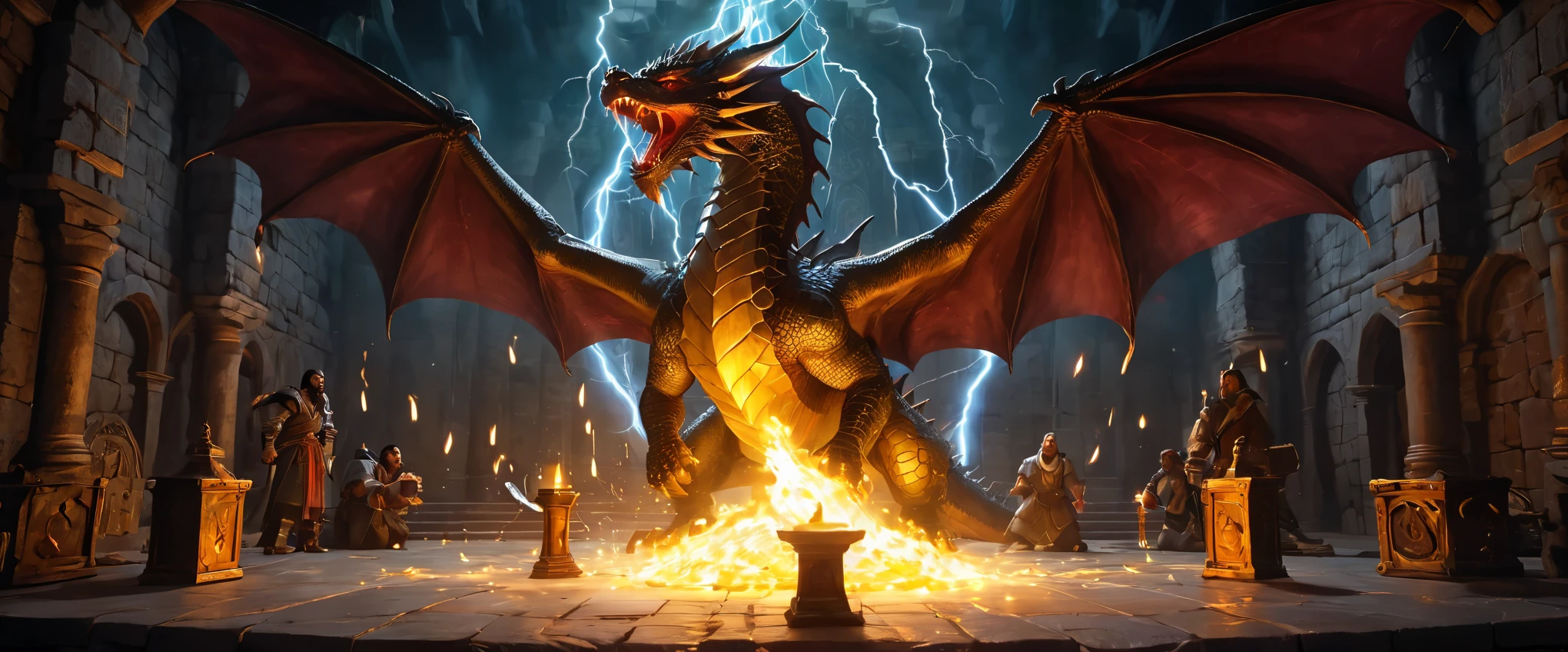 Flat coating,world of dungeons and dragons,Grand scene,Epic graphics,((warrior)),((mage)),(Priest),Fight the dragon guarding the treasure chest,Gorgeous magic,majestic holy light,fire light,lightning,8k,Rich details,masterpiece,precise,(((OC renderer)))