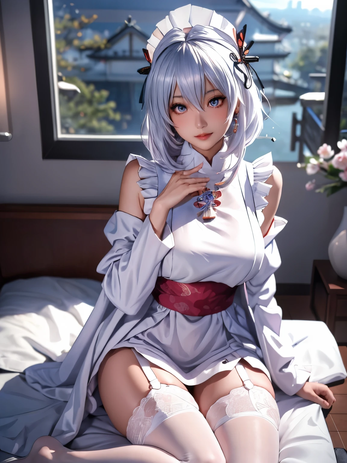 1girl, Tobiichi Origamai date a live, spirit vers, wear jacket coat, detailed realistic coat, (lie down on bed)!!, anime style, (masterpiece:1.35), (bestquality:1.4), 8k,ultra-detailed, professional lighting photography, sidelock, (ultra-realistic:1.4), film grain, Fujifilm XT3, depth of field, female focus, mature female, cosplay, (Sexy Asian female:1.45), looking at viewer, head curtain crown, blush, closed mouth, seductive smile, fresh lips, (shiny eyes pupils)!!, detailed eyes, (homochromatic eyes)!,  detached sleeves, (hand between the crotch)!!, earrings, hair between eyes, white hair bangs, white hair, long hair, detailed realistic hair, hair braid, jewelry, detailed jewelry, neck garter, necklace, (coat_on_shoulders)!!, (covered breast)!!, (breast is covered)!!, (covered chest)!!, (chest is covered)!!, skirt, petticoat, fishnet legs, panthyhose, smooth thighs cleavage, (garter thighs), high_thighs, nontraditional tobiichi origami /(date a live/), cherry blossom, window, There are birds in the sky, There are butterflies, Snowy mountain in the background of windows, The sky is blue, river outside the room, tobiichi origami /(date a live/), (correct anatomically)!