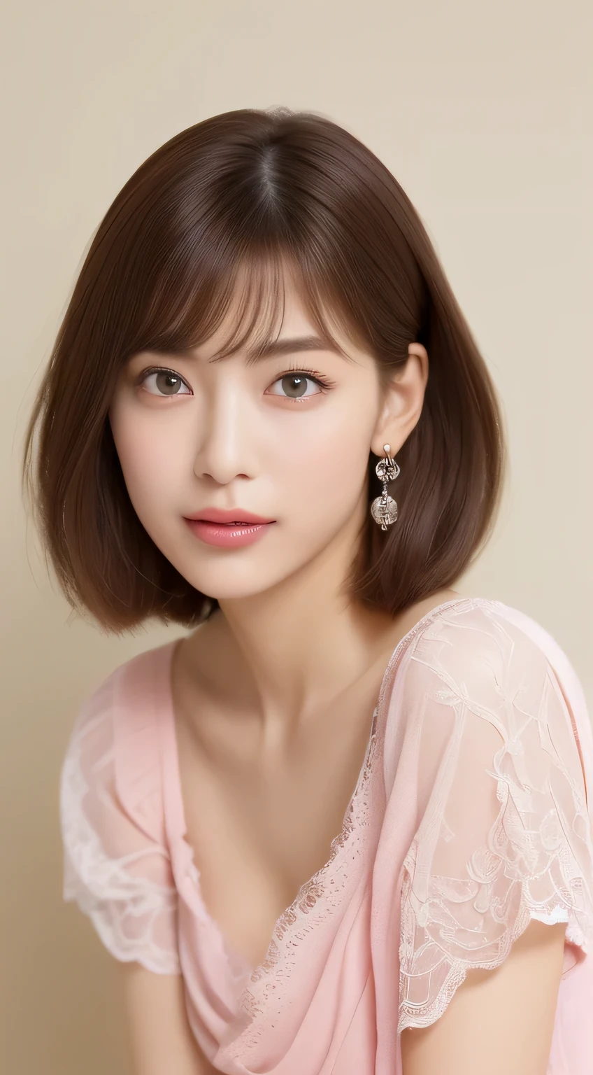 ((highest quality, 8K, masterpiece :1.3)), (realistic, Photoreal:1.4), sharp focus：1.2, 
Bright colors, professional level, shallow depth of field, 
20-year-old, 1 person, A beautiful face with intelligence, 
Supple body :1.3, model body shape:1.5, 頭w:1.4, perfect style：1.4, 
narrow shoulders, beautiful clavicle, long and thin legs, The beauty of slim abs :1.2, thin waist :1.2, 
super detailed skin, Fair skin, Shiny skin, 
super detailed face, slim facial contour, beautiful small face, Beautiful lined nose, 
super detailed eyes, long slit eyes, brown eyes, double eyelid, beautiful thin eyebrows, fine long eyelashes, 
super detailed lips, plump lips, glossy pink lips, flushed cheeks, beautiful teeth, 
Beautiful actress&#39;s ennui makeup, pink lipstick, (necklace, earrings), 
milk greige hair, delicate soft hair, 
(hair up, perm hair, ponytail:1.2), layer cut, (dull bangs:1.2), 
(Dress up with trendy fashion:1.2), 
gentle smile, open mouth half way, Enchanted expression, stare at the camera, 
dynamic lighting, ((Hasselblad Photos)), 

(She is wearing a reddish-purple lace blouse, Comes with diamond decoration:1.2), 
(she is wearing a pink lace skirt:1.2), 
(perfect breast shape, B cup:1.2), It is a small pale pink areola.,  
She has a cute plump butt, My thighs are dazzling, 
(View from below, pay attention to the thighs, full body portrait:1.5), 