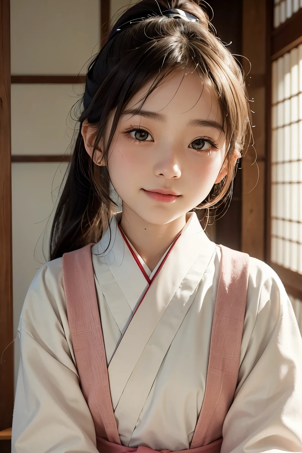 (Beautiful Japanese woman), cute face, (deeply carved face:0.7), (freckles:0.6), soft light,healthy white skin, shy, (serious face), thin, smile, uniform, ponytail