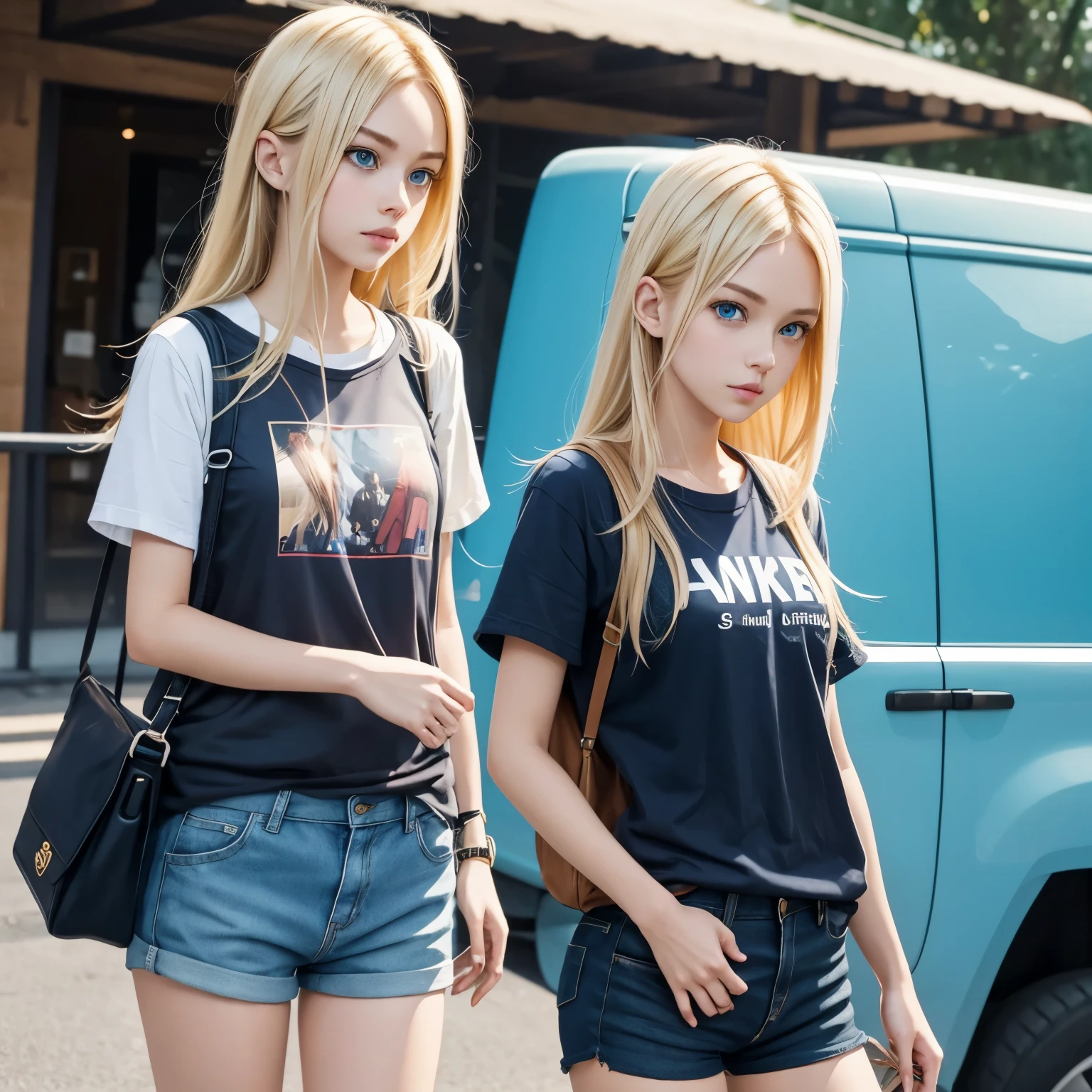 2d girl short pants long hair blonde hair blue eyes