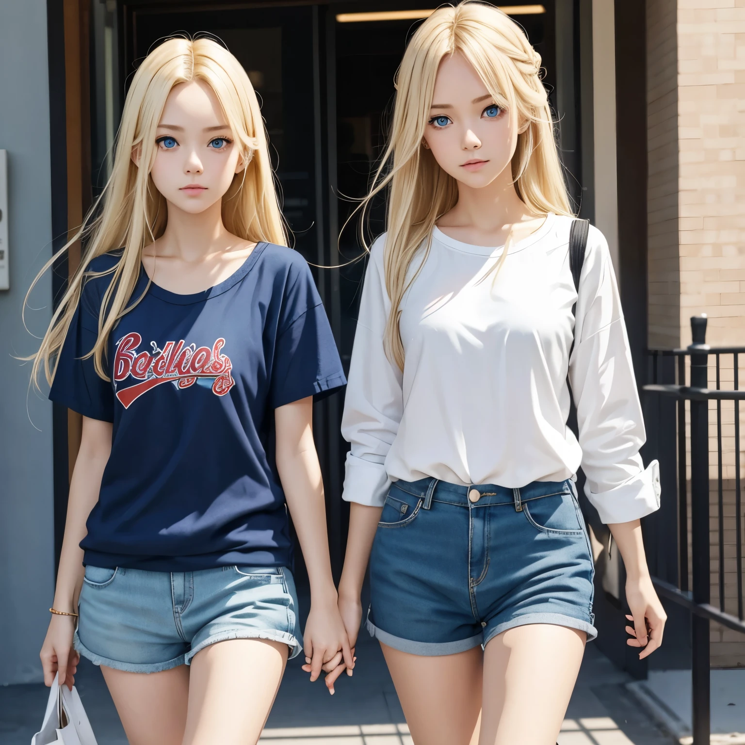 2d girl short pants long hair blonde hair blue eyes