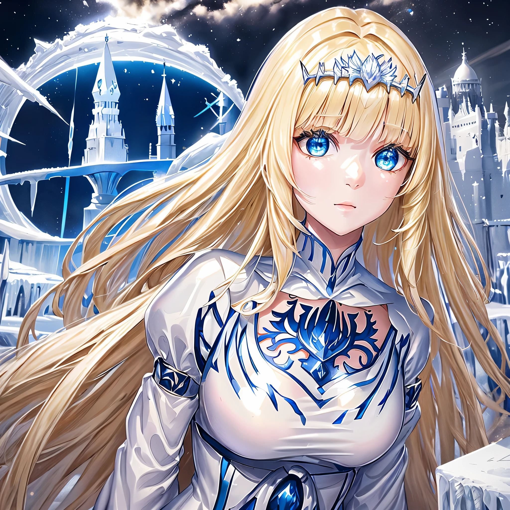 super fine illustration, an extremely cute and beautiful girl, highly detailed beautiful face and eyes, look at viewer, cowboy shot, beautiful long hair, solo, dynamic angle, beautiful detailed ice dress with frill, ice castle in background, blue tone, 1girl,solo, Calca, Calca Bessarez, blonde hair, extremely long hair, very long hair, white tiara, silver tiara, white dress, blue eyes, medium chest