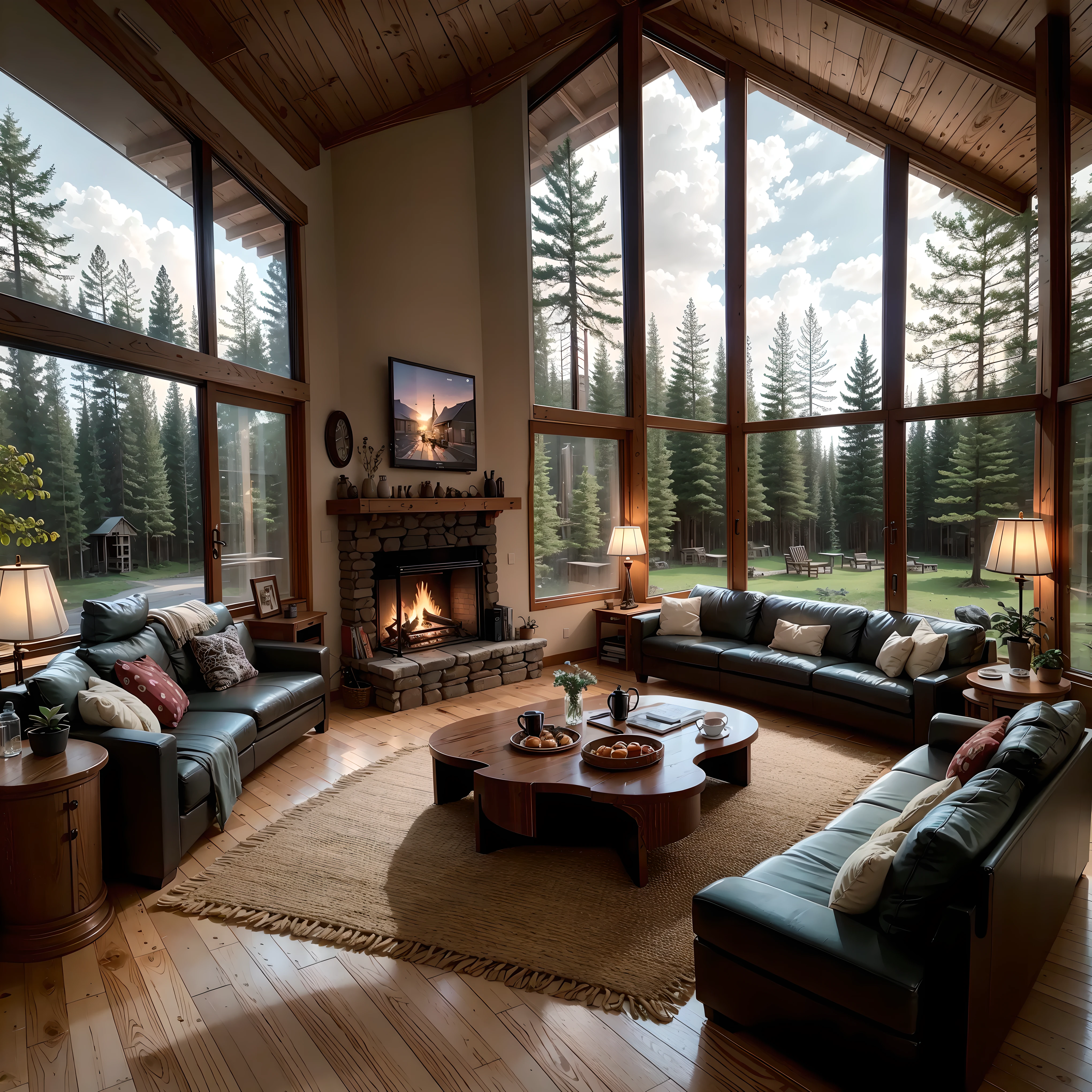 THIS EVENING WOODEN CABIN LIVING ROOM ANIME BACKGROUND, (COZY ATMOSPHERE), (SUBTLE LIGHTING), BRIGHT STONE FIREPLACE FIRE, LIONSKIN RUG THIS EVENING BEST QUALITY, TRANSPARENT GLASS WINDOWS