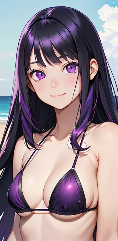 Realistic、1girl、(forced smile1.3),(cute face:1.5),(tareme:1.3),(black hair purple hair hair gradient hair:1.3),(purple eyes)、(kind eyes:1.3)、open stance,(middle hair),( portrait:1.3,face focus:1.3,upper body),(black enamel micro bikini:1.3)、(medium breasts),(midsummer beach:1.3)
