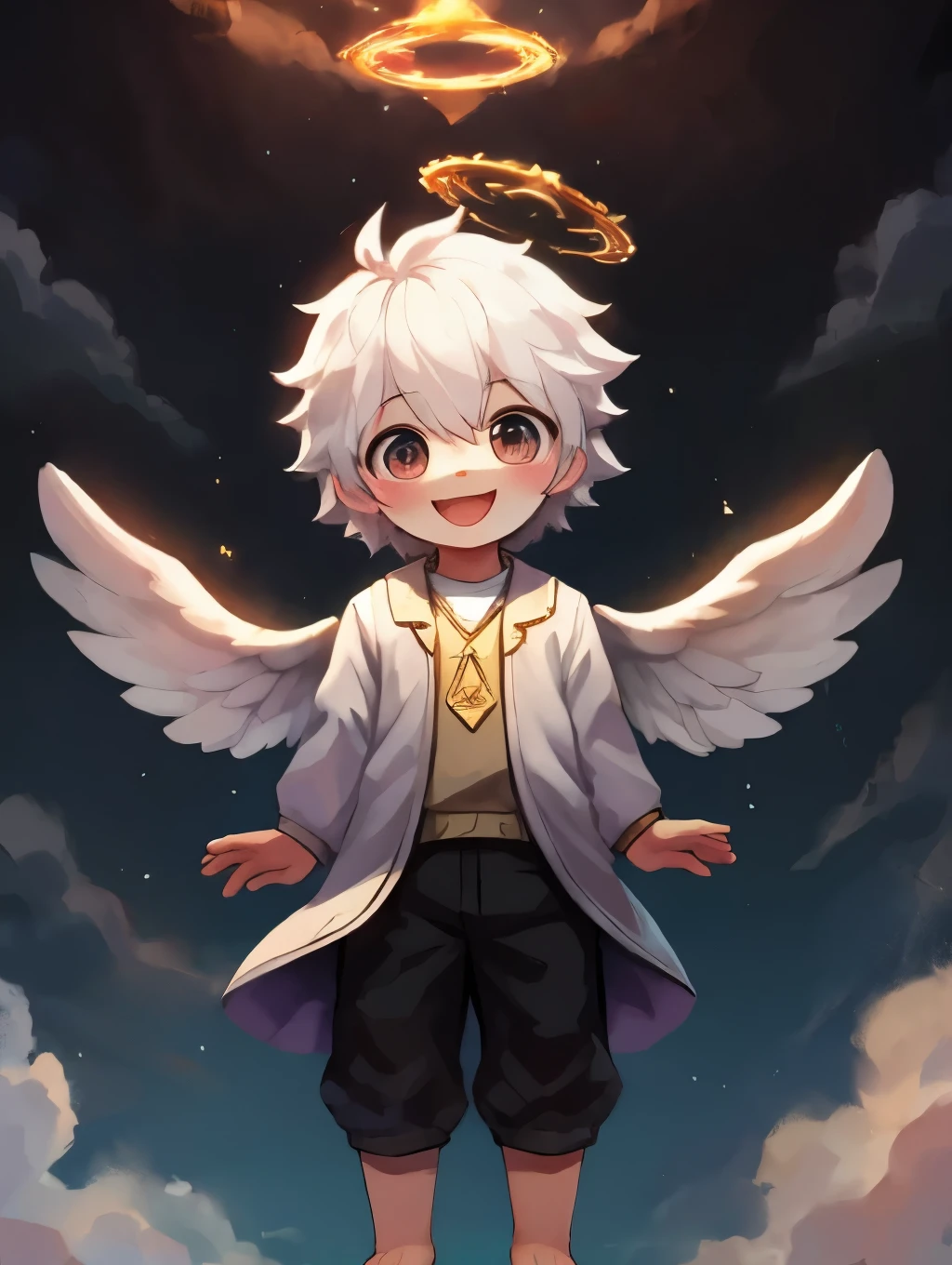 Shota，white hair ，male，Q version，（toddler，infant）， Lovely， stand up， Masterpiece， high resolution，8K，Detailed background，high quality，horny boy，（（（solo））），(angel wings，angel halo，White clothes，barefoot：0.6)，looking at the audience，perspective，from above，dreamlike，magic，Baiyun，（Warm light source：1.2），high altitude，On the cloud，happy expression，shorter pants