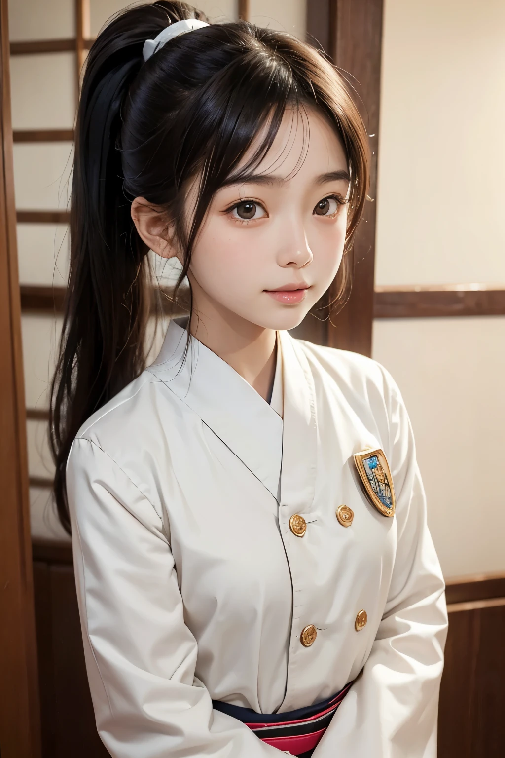 (Beautiful 12 year old Japanese woman), cute face, (deeply carved face:0.7), (freckles:0.6), soft light,healthy white skin, shy, (serious face), thin, smile, uniform, ponytail