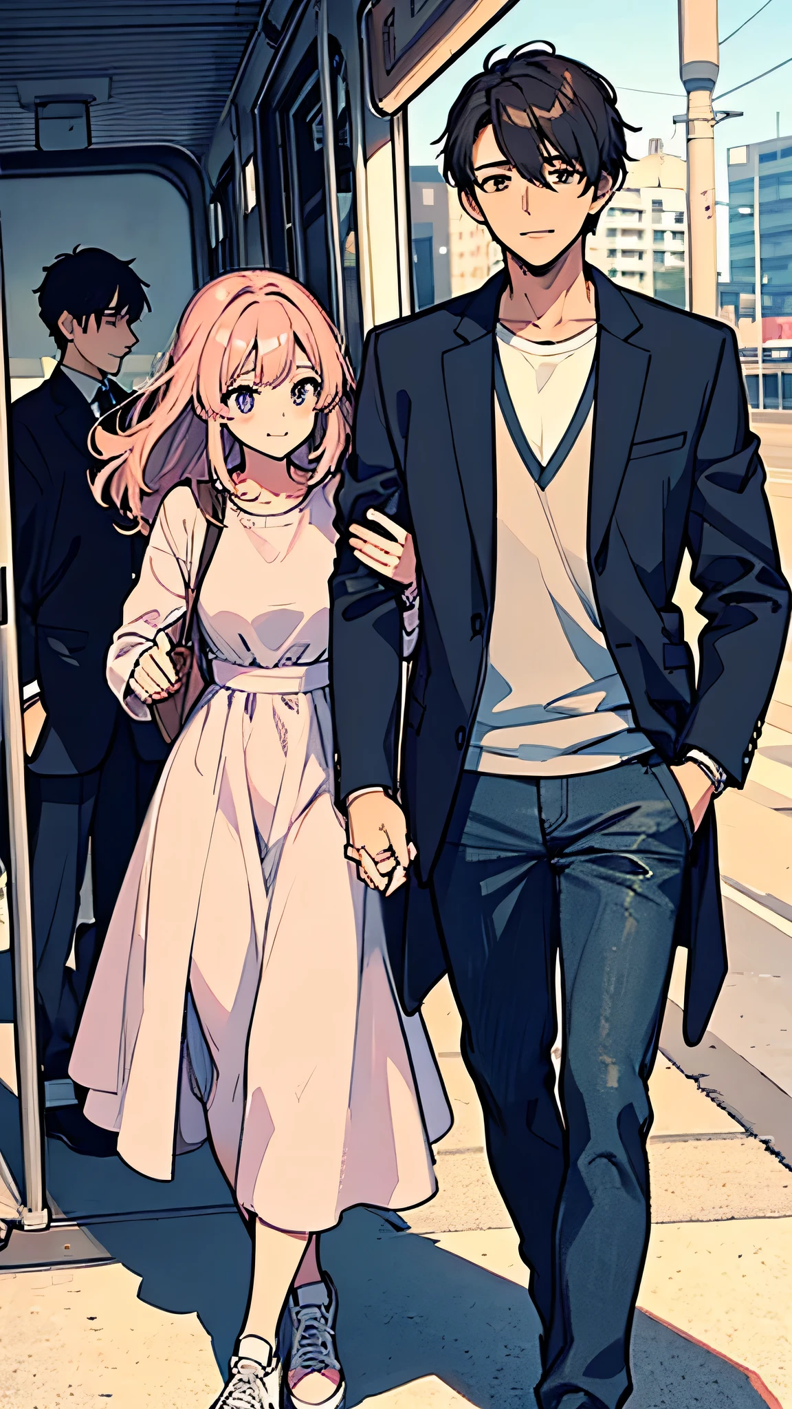 (main scene)A couple standing side by side on a train platform, holding hands lightly. The man is a 190cm tall male with naturally wavy chestnut hair and wearing a navy jacket over a white t-shirt with slim jeans. The woman is a 160cm tall female with straight black hair that falls shoulder-length, dressed in a pink one-piece dress and wearing high-heeled sneakers. (texture) The artwork is rendered in a realistic and photorealistic style with ultra-detailed precision. The colors are vivid and the lighting creates a warm and inviting atmosphere. (additional details) The train platform is bustling with people, indicating a busy and vibrant location. There are other couples and individuals waiting for their trains in the background. The train tracks stretch into the distance, disappearing into a beautiful city skyline. The couple's expressions show happiness and contentment, with a hint of excitement for the journey ahead. (image quality) The artwork is of the best quality, featuring high resolution (4k or 8k) and exquisite attention to detail. The portrayal of the couple's features, such as their eyes, lips, and facial expressions, is extremely detailed and lifelike. The overall composition and perspective are well thought-out, providing a visually striking image. (art style) The artwork is inspired by romantic portraits, capturing the essence of love, connection, and anticipation. The artist's use of color and composition adds depth and emotion to the scene, creating a sense of intimacy and warmth. (color palette) The color palette is dominated by soft pastel tones, with a focus on shades of pink for the woman's dress. The overall color scheme is harmonious and soothing, evoking a sense of love and tenderness. (lighting) The scene is bathed in warm, golden light, casting soft shadows and enhancing the romantic atmosphere. The artist skillfully plays with light and shadow to create depth and dimension, adding a touch of magic to the scene. Remember, the prompt