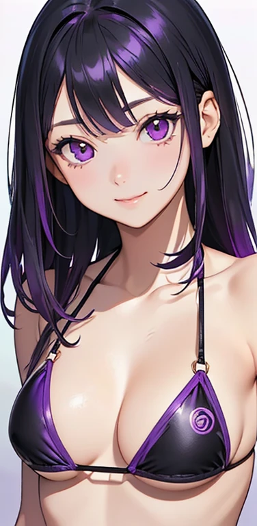 Realistic、1girl、(seductive smile1.3),(cute face:1.5),(tareme:1.3),(black hair purple hair hair gradient hair:1.3),(purple eyes)、(kind eyes:1.3)、leaning forward、open stance,(middle hair),( portrait:1.3,face focus:1.3,upper body),(black enamel micro bikini:1.3)、(medium breasts),(midsummer beach:1.3)
