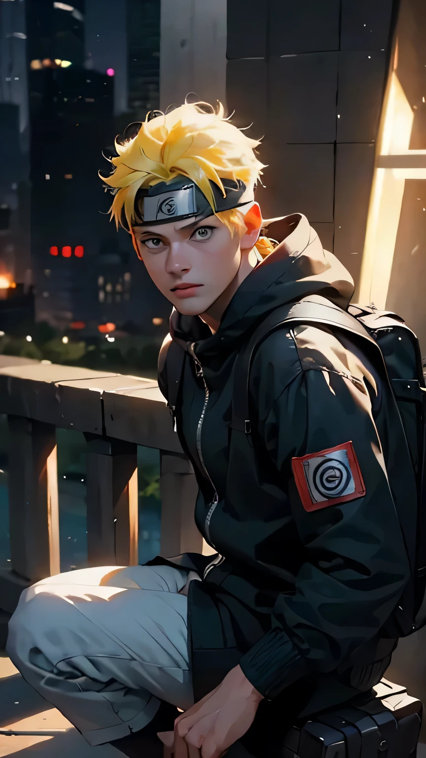 full body,masterpiece, best quality, detailed, 1boy, handsome,male,looking at viewer, naruto,Heavy rain realistic,blue eye,yellow hair,konoha realistic detail headband,eye realistic,nose realistic,mouth realistic,skin realistic,face realistic,head realistic,body realistic, background art cinematic,backpack,big eye sharp, photorealistic, photoshoot