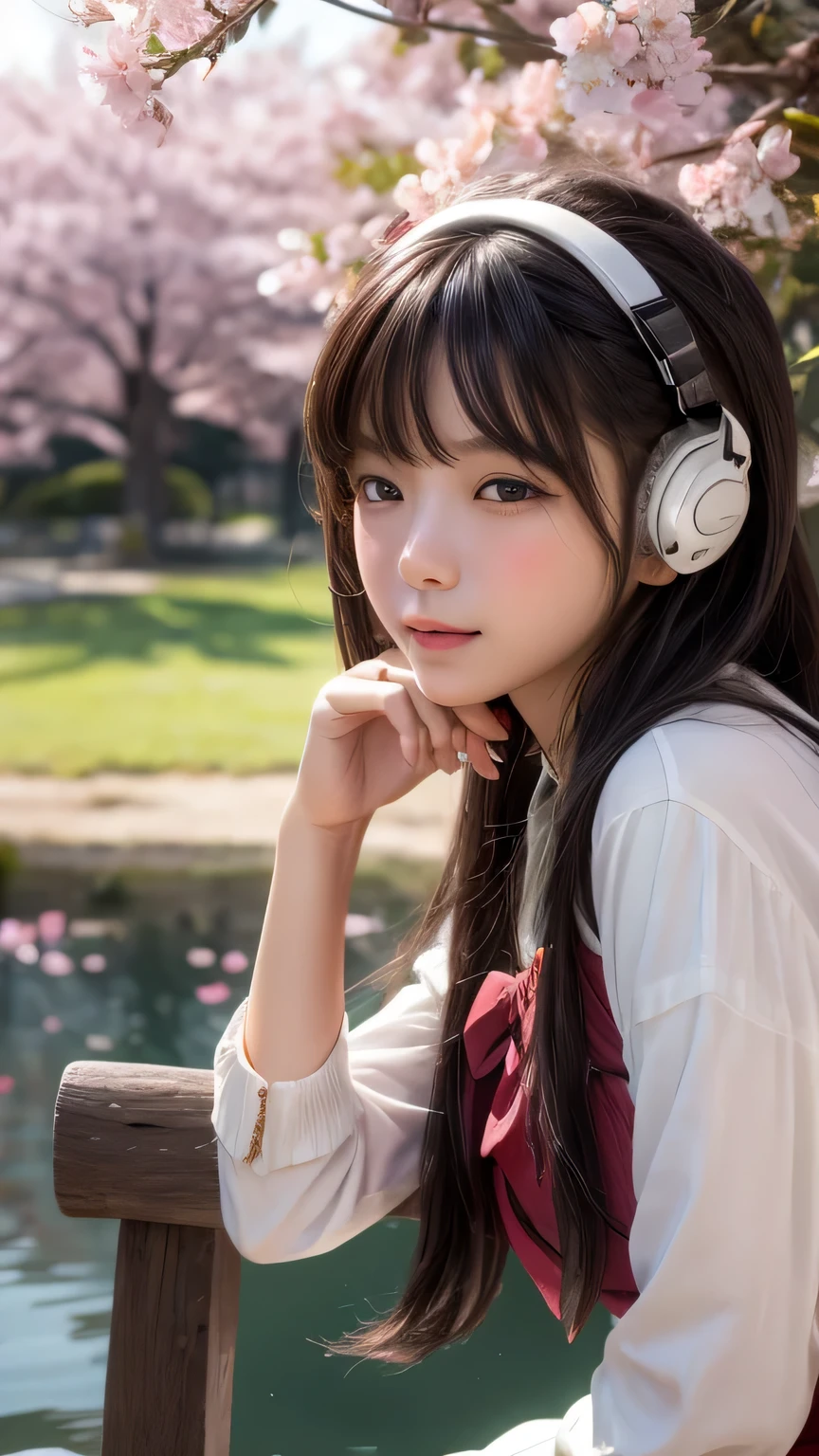 Dragon Ball　bloomers, futuristic scene, Mechanically enhanced Japanese high school girl、Elegant in an elaborate garden. She has beautifully detailed eyes and lips that complement her face. high school girl。.uniform。.。.。.。.。.。14 year old girl.. Around her are bright cherry blossoms and a quiet carp pond. The scenes are drawn using a combination of illustration and photorealism, cherry blossoms吹雪,Highly detailed brush strokes and sharpness, bright colors. Lighting that highlights the elegance of the uniform, gives softness to the skin, porcelain shine。. Artwork is of the highest quality, Displaying the exquisite details of the costumes, cherry blossoms, . The overall color scheme is、、、、、、、、traditional Japanese color combinations, crimson, wait., bus stop、sit on a bench、Headphones on the neck、Close your eyes and look up、side view、side view、whole body、hand between legs、high school student