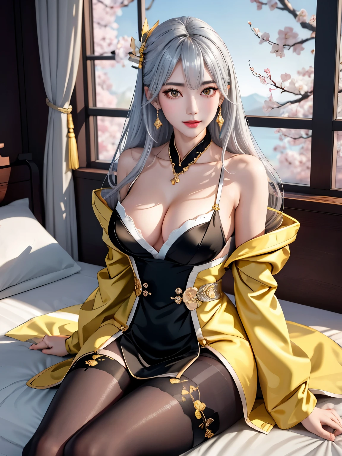 Ning guang /(Genshin Impact/), (Lying on bed)!!, anime style, (masterpiece:1.35),(bestquality:1.4), 8k,ultra-detailed, photography, (ultra-realistic:1.4), film grain, Fujifilm XT3, depth of field, female focus, mature female, (Pretty Asian female:1.45), adult, looking at viewer, (coat_on_shoulders)!!, blush, closed mouth, peach lips, seductive smile, detached sleeves, earrings, fingernails, hair between eyes, hair bangs, (silver hair)!!, very long hair, detailed realistic hair, (golden hair pin ornament)!!!, (wear jacket coat)!!!, detailed realistic coat, jewelry, yellow gemstone, detailed jewelry, neck garter, necklace, (covered chest)!!, (Coat_on_breast)!!, open skirt, slim legs, petticoat, fishnet legs, pantyhose, smooth thighs cleavage, garter thighs, nontraditional ningguang, detailed eyes, (sharp eyes)!!, (eye's pupils colored by shiny yellow:1.25)!!, (homochromatic eyes)!!, (exposed eyes)!!, cherry blossom, window, There are birds in the sky, There are butterflies, Snowy mountain in the background of windows, The sky is blue, river outside the room, ning guang \(genshin impact\), (correct anatomically)!!, full body