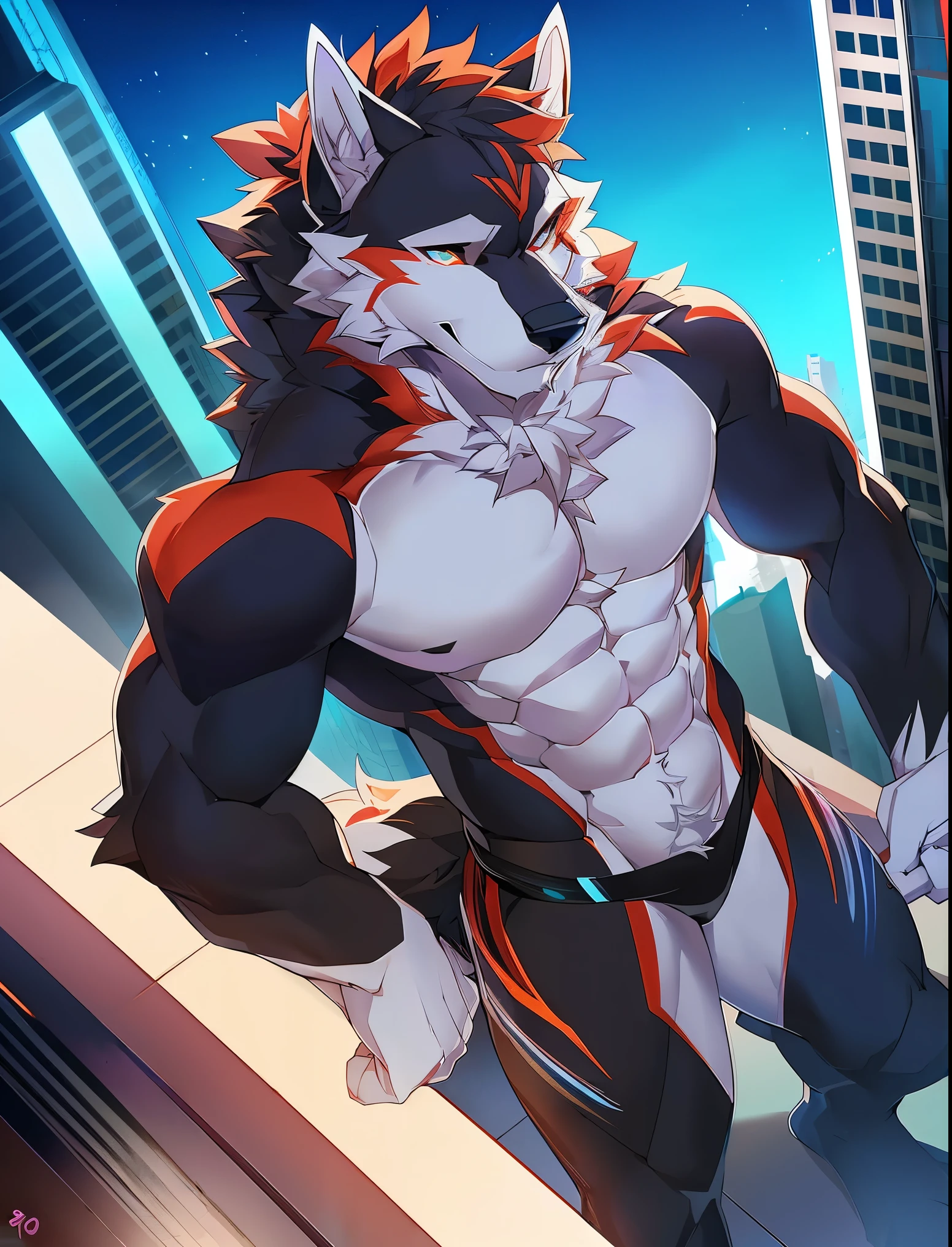 ((Solo)), male people, anthro wolf, (Multi-colored fur, White tail pointed), (Height 3meters,Tail length 2meters), Abs, pinginuscular, A long big tail, by patto, modern city