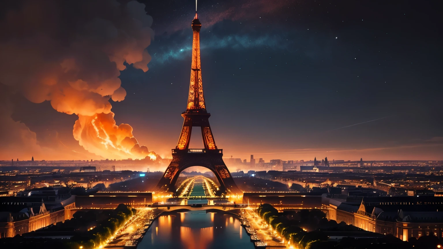 Picture of the Eiffel Tower engulfed in fiery flames, the iconic landmark transformed into a breathtaking spectacle of light and heat. The iron lattice structure, once a symbol of Parisian triumph, now illuminated by the raging inferno that consumes it, casting long shadows over the city below. People gather at the edge of the Chaos Gardens, their faces filled with awe and curiosity, as the once-peaceful scene turns into an otherworldly tableau. The night sky above is painted with streaks of orange and red, mirrored perfectly in the reflective waters of the nearby pond. Fire trucks and emergency responders rush to the scene, their lights fl
