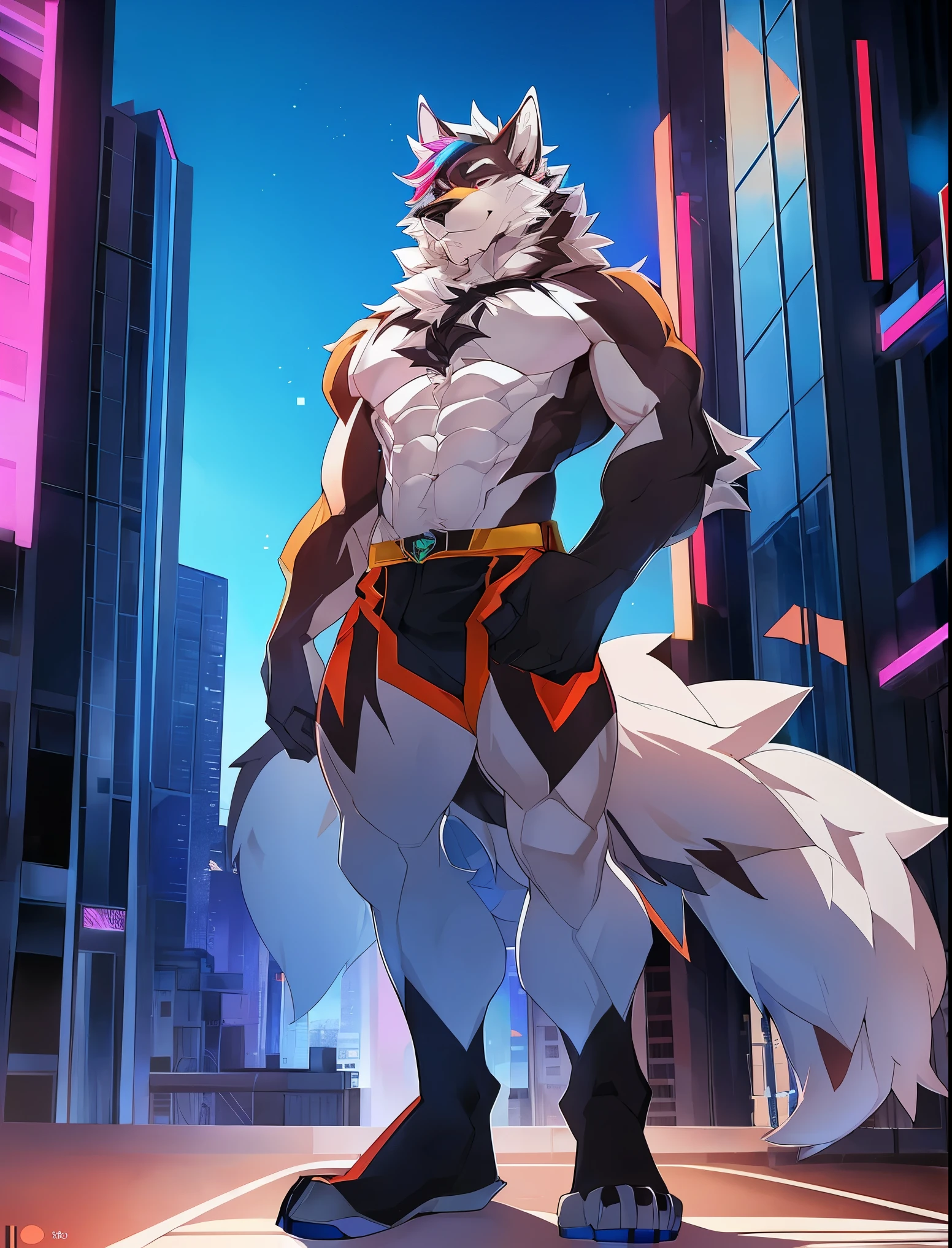 ((Solo)), male people, anthro wolf, (Multi-colored fur, White tail pointed), (Height 3meters,Tail length 2meters), Abs, pinginuscular, A long big tail, by patto, modern city