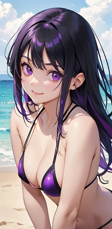 Realistic、1girl、(seductive smile1.3),(cute face:1.5),(tareme:1.3),(black hair purple hair hair gradient hair:1.3),(purple eyes)、(kind eyes:1.3)、leaning forward、open stance,(middle hair),( portrait:1.3,face focus:1.3,cowboy shot),(black enamel micro bikini:1.3)、(medium breasts),(midsummer beach:1.3)
