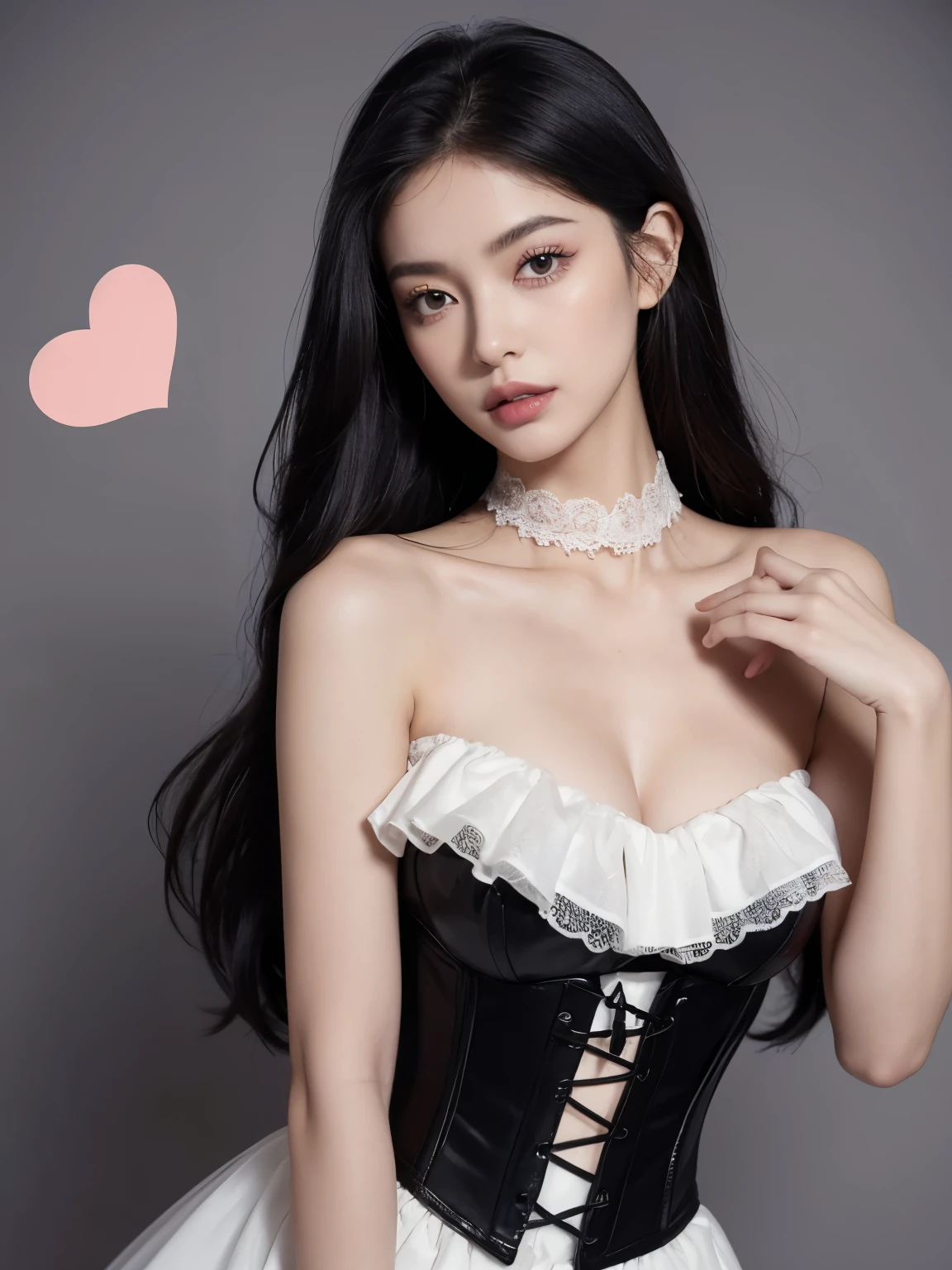 Kim Jennie con el cabello negro oscuro, con rulos en las puntas del cabello negro oscuro, con un ganchito de estrella en el cabello negro oscuro, ojos de color claro, ojos bonitos, nariz bonita y respingada, labios bonitos, labios rosas, heart and cupid shaped lip, piel bonita, piel blanca, con lunares y pecas en todo el rostro, rubor rosa suave en las mejilla, rubor rosa natural, dark and gothic makeup, Jennie gotica, cuello bonito, noticeable collarbones, mirada enojada, con un collar, un collar bonito de beso, mientras tiene un Corset rosa, Corset rosa bonito, vestido con un Corset rosa, mientras muestra sus pechos desnudos, mientras tiene los pezones con dos corazones de papel rosa, tiene los pezonnes con corazones de papel rosa (pechos grandes, pechos suaves, pechos bonitos, pechos naturaleirando a la camara, autofoto