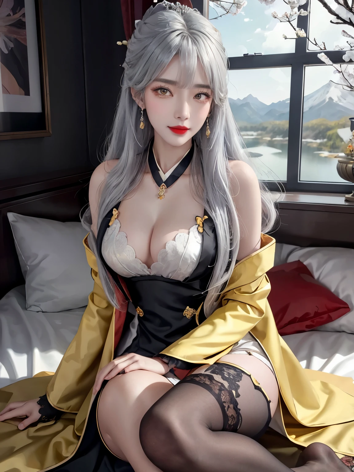 Ning guang /(Genshin Impact/), (Lying on bed)!!, anime style, (masterpiece:1.35),(bestquality:1.4), 8k,ultra-detailed, sidelock photography, (ultra-realistic:1.4), film grain, Fujifilm XT3, depth of field, female focus, mature female, (Pretty Asian female:1.45), adult, looking at viewer, (coat_on_shoulders)!!, blush, closed mouth, red lips, seductive smile, detached sleeves, earrings, fingernails, hair between eyes, hair bangs, (silver hair)!!, very long hair, detailed realistic hair, (golden hair pin ornament)!!!,  (wear jacket coat)!!!, detailed realistic coat, jewelry, yellow gemstone, detailed jewelry, neck garter, necklace, (covered chest)!!, (Coat_on_breast)!!, open skirt, slim legs, petticoat, fishnet legs, pantyhose, smooth thighs cleavage,  garter thighs, nontraditional ningguang, detailed eyes, (sharp eyes)!!, (eye's pupils colored by shiny yellow:1.25)!!, (homochromatic eyes)!!,  (exposed eyes)!!, cherry blossom,  window, There are birds in the sky, There are butterflies, Snowy mountain in the background of windows, The sky is blue, river outside the room, ning guang \(genshin impact\), (correct anatomically)!!, full body