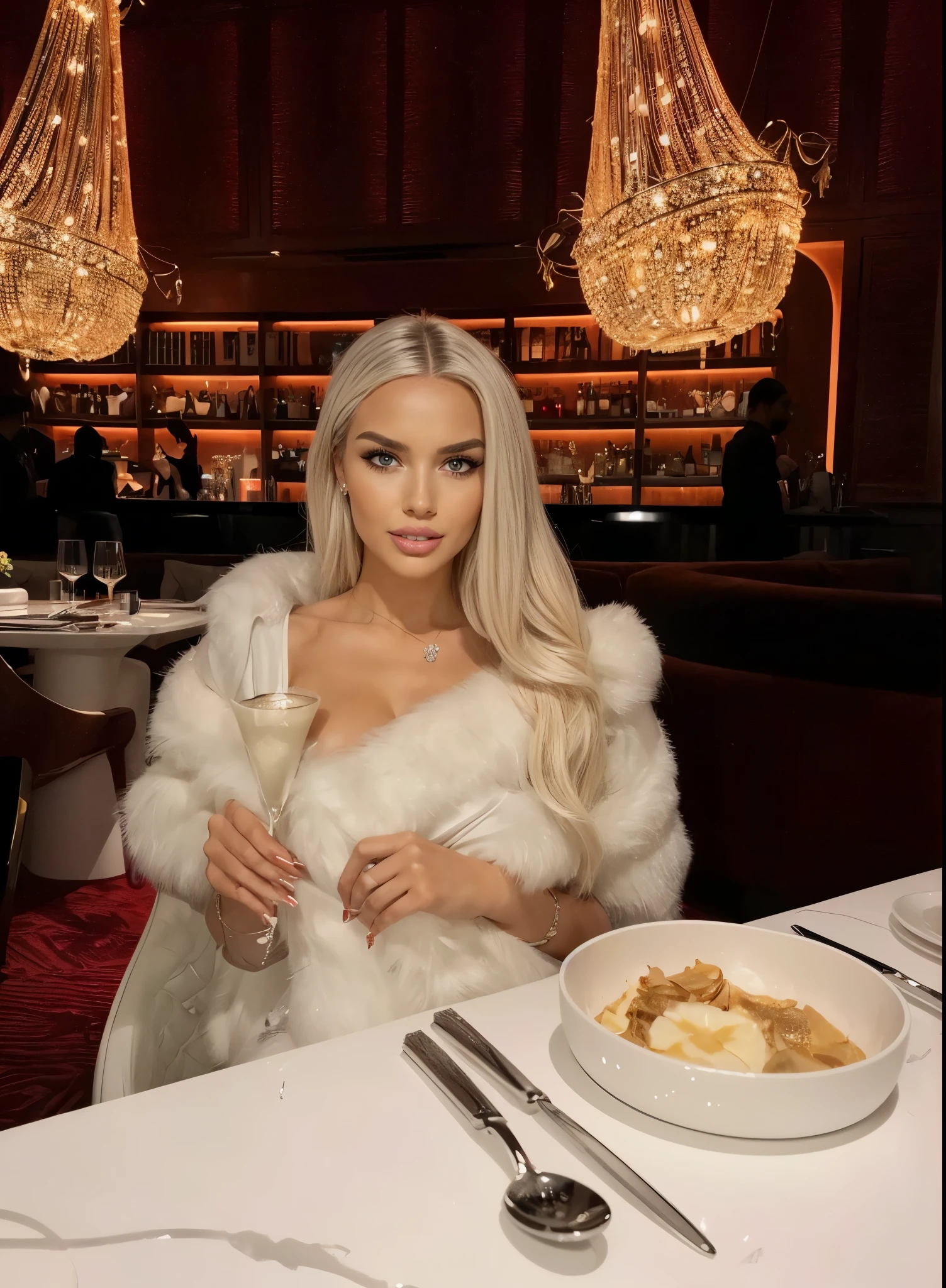 1 beautiful woman, One-person viewpoint, Glamorous body, The long-haired, ((volume straight all platinum blonde hair)), slick skin, grey-eyed, (close mouth smile), (seducting smile), Fancy makeup, (smooth big lips), small nose, straight eyebrow ((sexy latex thong lingerie, body profile view)), (naked boobs) Silver Accessories, realist, super realistic 8K, super detailed and realistic, ((4K doll detail perfect face)), ((full body posing)), Big ass, (very big tits), perfect skinny hourglass body, perfect hands ((Dubai all white bedroom background)) ((illuminated face and body))