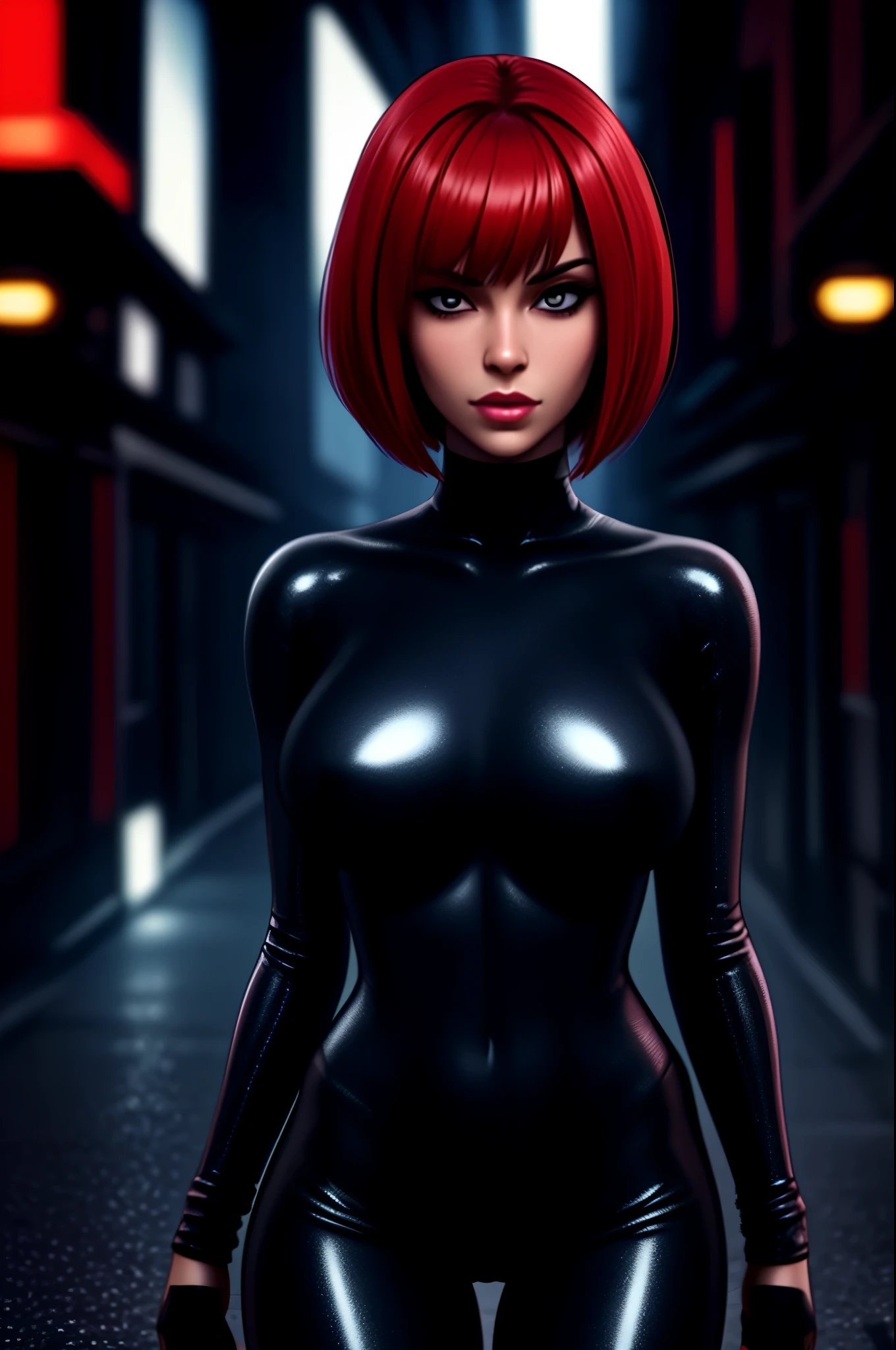 (best quality,ultra-detailed,realistic:1.37),portrait,beautiful detailed eyes,beautiful detailed lips,sexy gaze,dark atmosphere,metallic texture,shiny armor,reflective surfaces,bobcut hairstyle,futuristic fashion,leather jacket,black clothing,urban setting,city street scene,night time,neon lights,grimy alleyways,motorcycle,assassin,deadly weapon,confident stance. red hair