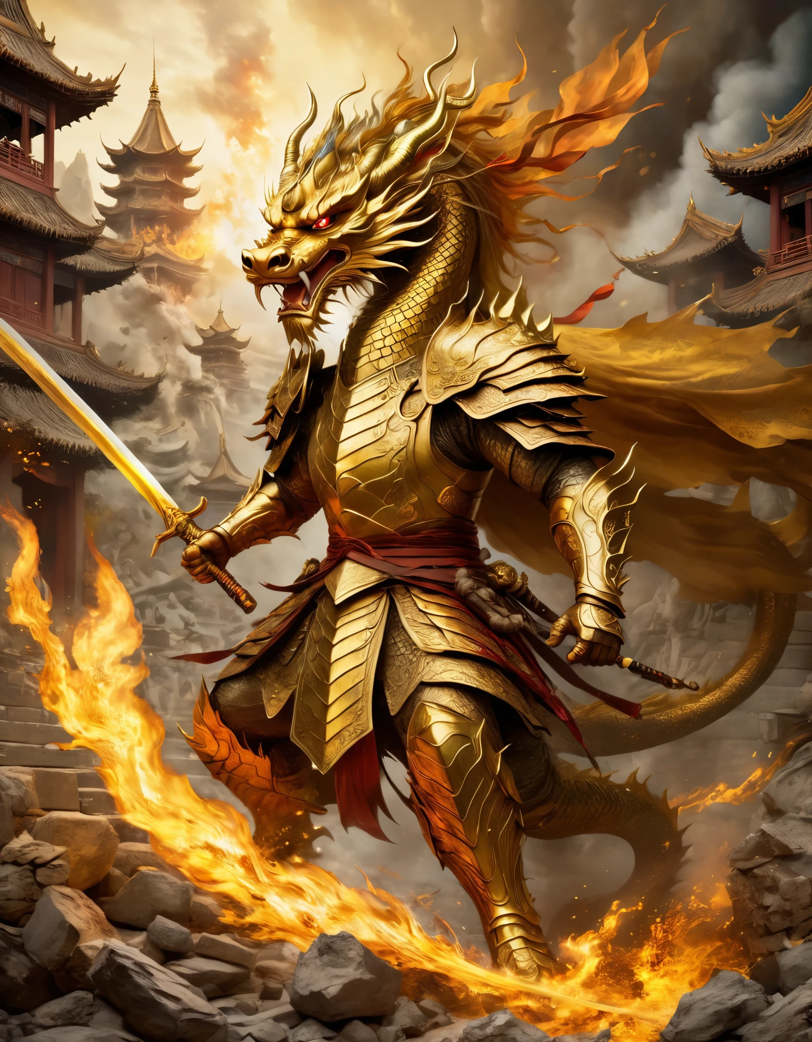 (anthropomorphic Chinese dragon warrior in golden armor fighting enemies), sword swinging through dungeon roofs, flames, rubble, explosions, epic images, iper quality, iper detail, intricate detail, octan rendering, cinema, standing facing the viewer, mythological creatures, hermits, conceptual art, wide angle, full composition, dynamic lighting, film