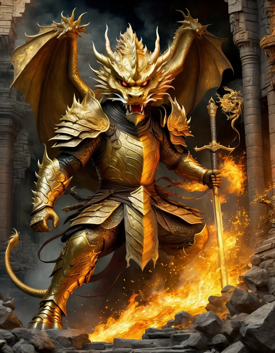(anthropomorphic Chinese dragon warrior in golden armor fighting enemies), sword swinging through dungeon roofs, flames, rubble, explosions, epic images, iper quality, iper detail, intricate detail, octan rendering, cinema, standing facing the viewer, mythological creatures, hermits, conceptual art, wide angle, full composition, dynamic lighting, film