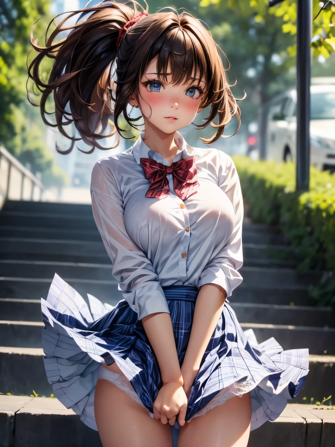 ((highest quality, High resolution, perfect pixel, 4k))), 1 woman, beautiful woman、I could see the whole body、walking down the subway stairs、lots of commuters、 ((ponytail, bangs, brown hair)), ((brown eyes, beautiful eyelashes, realistic eyes)), ((detailed face, blush:1.2))、((Anime CG style)), beautiful and big breasts、perfect body, ((red bow tie, Black open jacket, white shirt, plaid mini skirt)), embarrassed expression, (((The wind blows up my skirt:1.2)))、(white lace satin panties:1.3), Diagonal side angle, dynamic angle、Naughty Wind、(erect nipples:0.98)