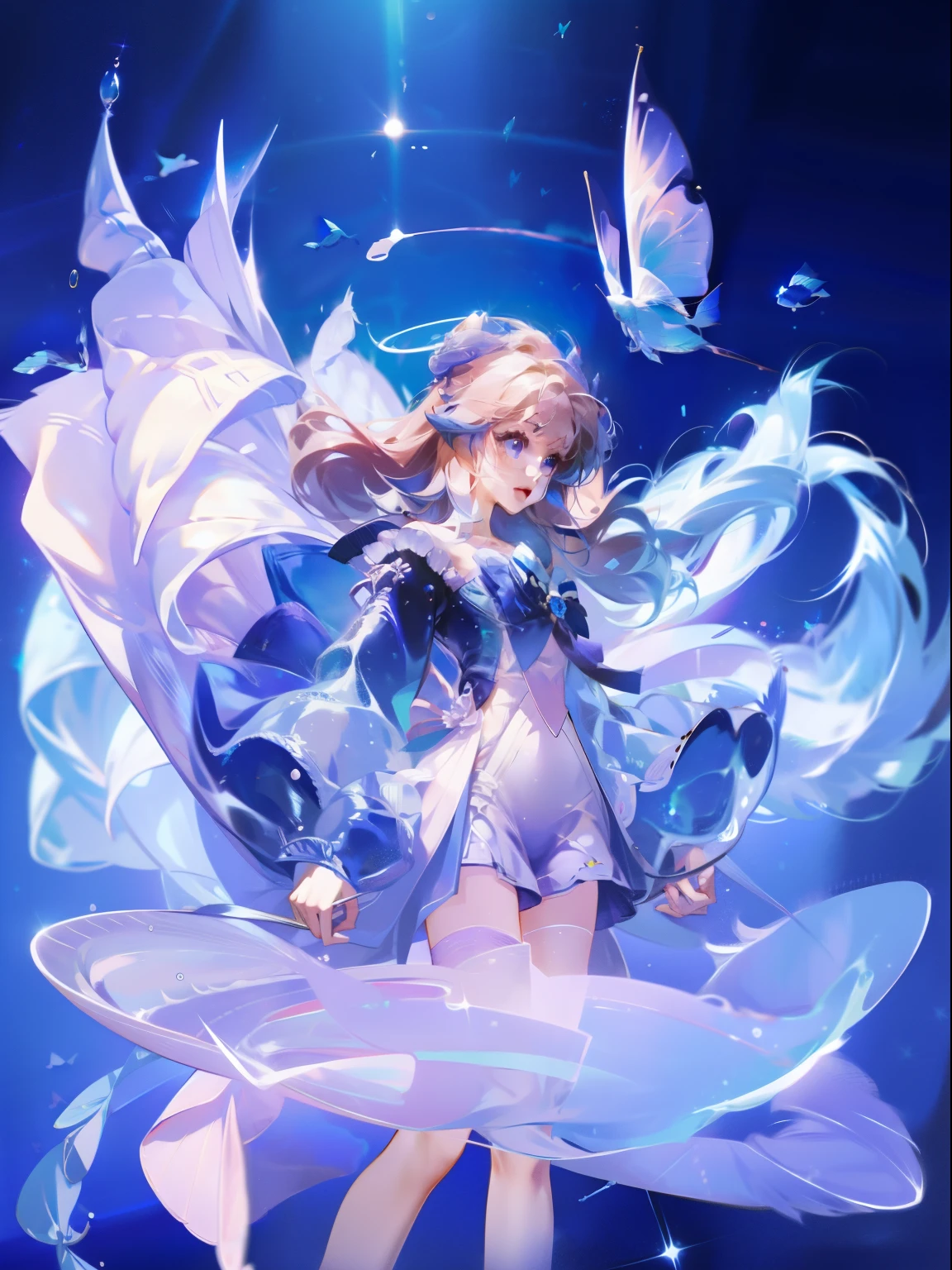 1 girl,clear water,blue butterfly,Pure white gauze skirt,sparkling