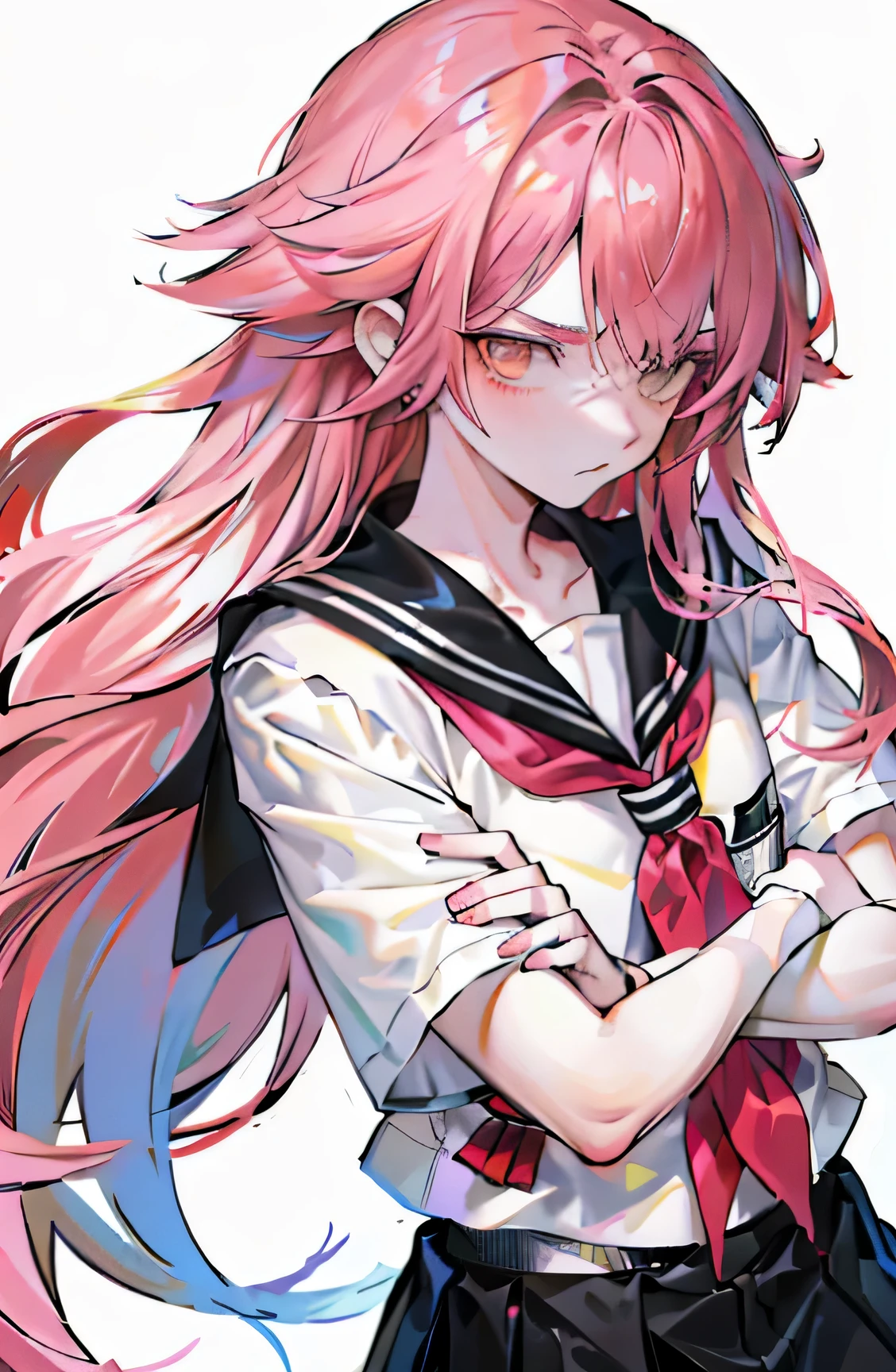 1 male、long hair、I'm pulling up my bangs、pink hair、yellow eyes、I&#39;m wearing a sash around my chest、wearing a black sailor suit、skirt is long、A rebellious face like a yanki、He is glaring at me with his arms crossed and looking down.、