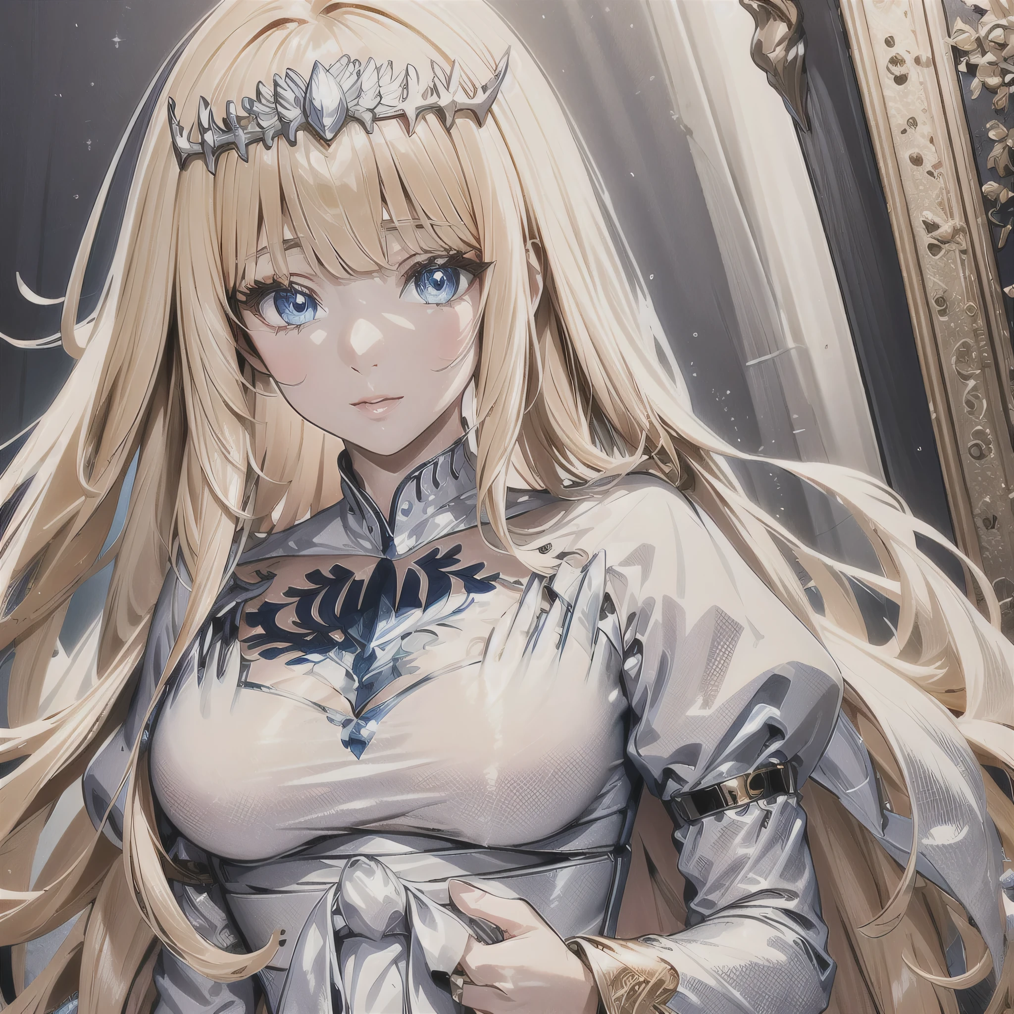 Masterpiece, Best Quality, Official Art, Beautiful, Lively Textures, Unique Visuals, Spectacular Details, Very Detailed CG, Solidarity Cooperation, 8K Wallpapers, Extremely Beautiful Eyes, Best Quality, Details First, Super Delicate, High Quality, 1girl,solo, Calca, Calca Bessarez, blonde hair, extremely long hair, very long hair, white tiara, silver tiara, white dress, light blue eyes, medium chest