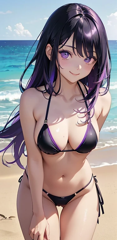 Realistic、1girl、(seductive smile1.3),(cute face:1.5),(tareme:1.3),(black hair purple hair hair gradient hair:1.3),(purple eyes)、(kind eyes:1.3)、leaning forward、open stance,(middle hair),( portrait:1.3,face focus:1.3,cowboy shot),(black enamel micro bikini:1.3)、(medium breasts),(midsummer beach:1.3)
